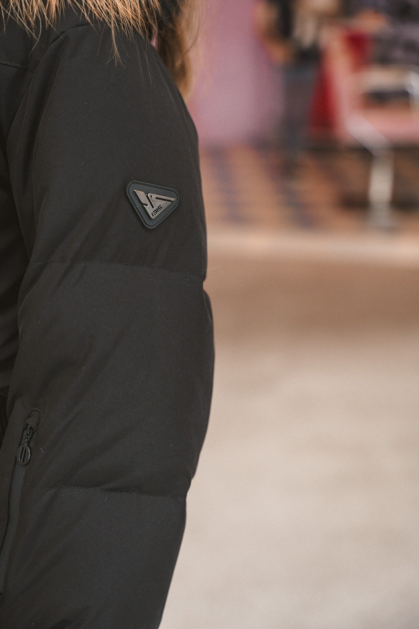 IBIS Ascent Teen Tall Waistband Coat in Black Matte sleeve badge detail