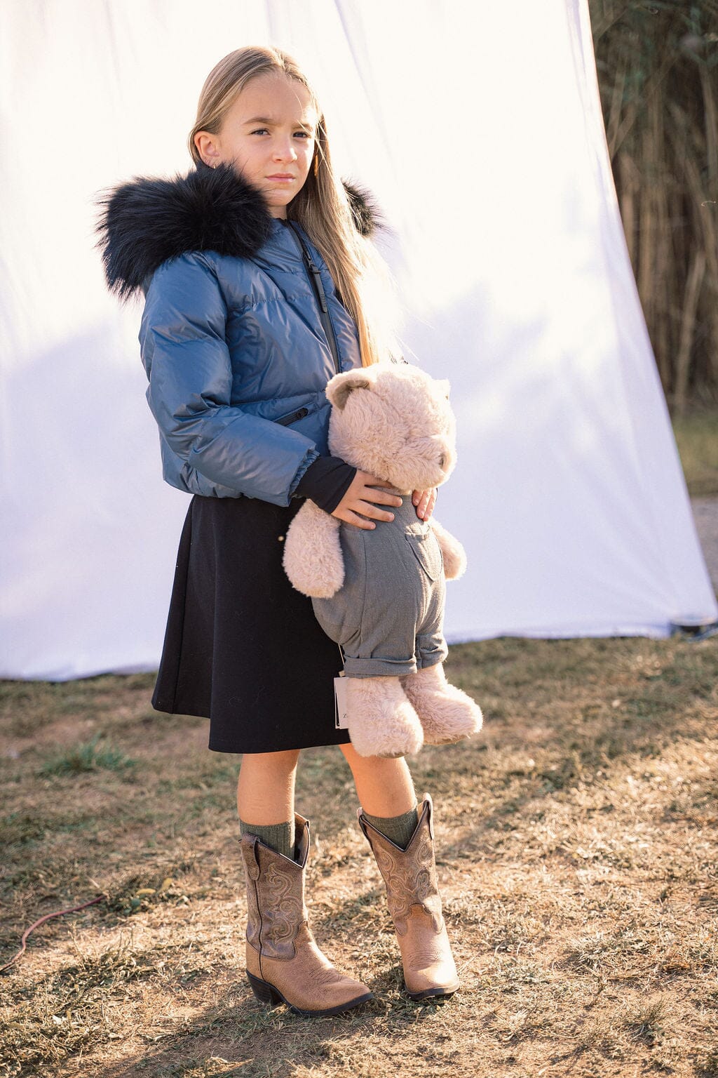 Ballad Puffer Coat Girls Down Coat - Off Blue with Fur Coat IBIS Outerwear