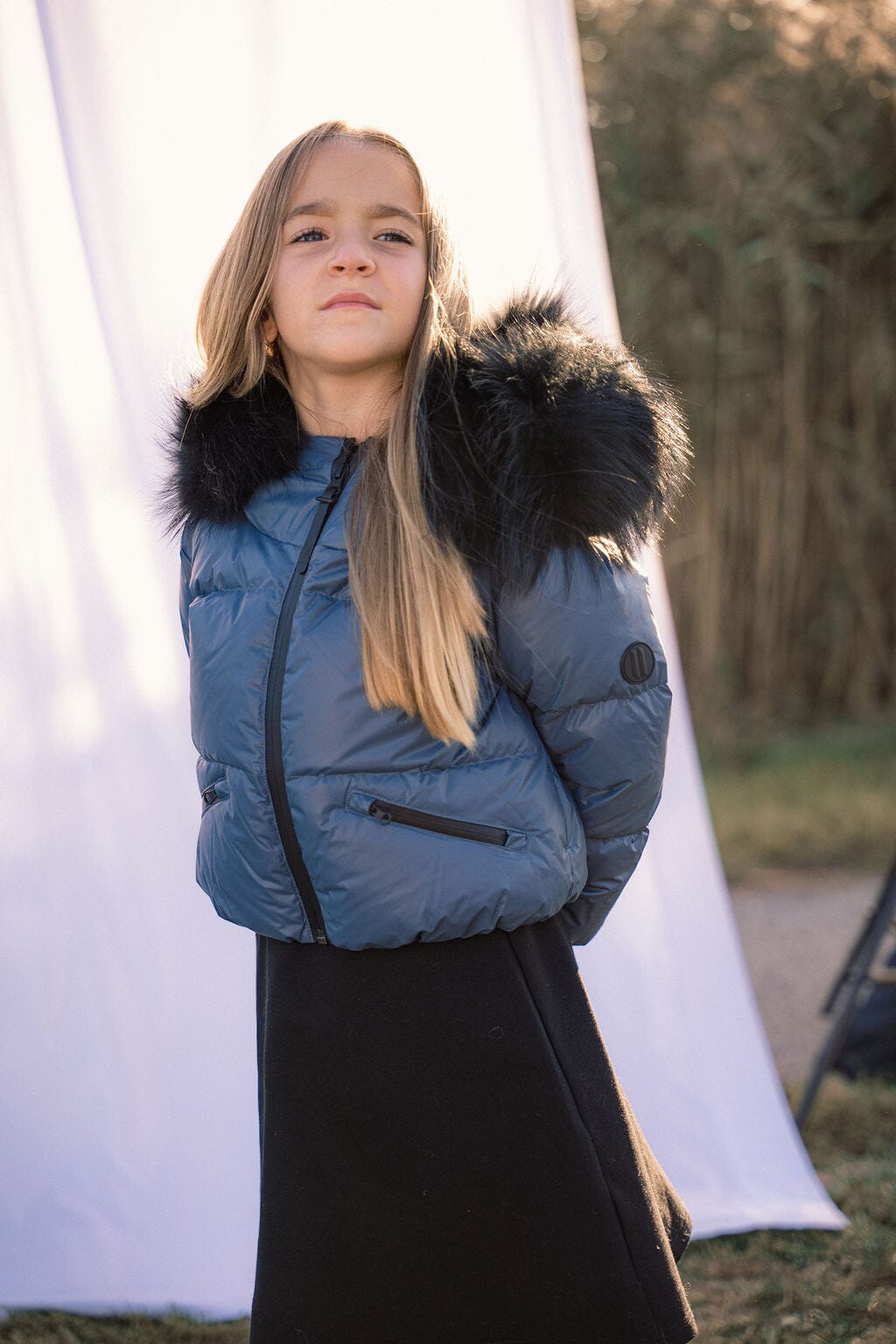 Ballad Puffer Coat Girls Down Coat - Off Blue with Fur Coat IBIS Outerwear