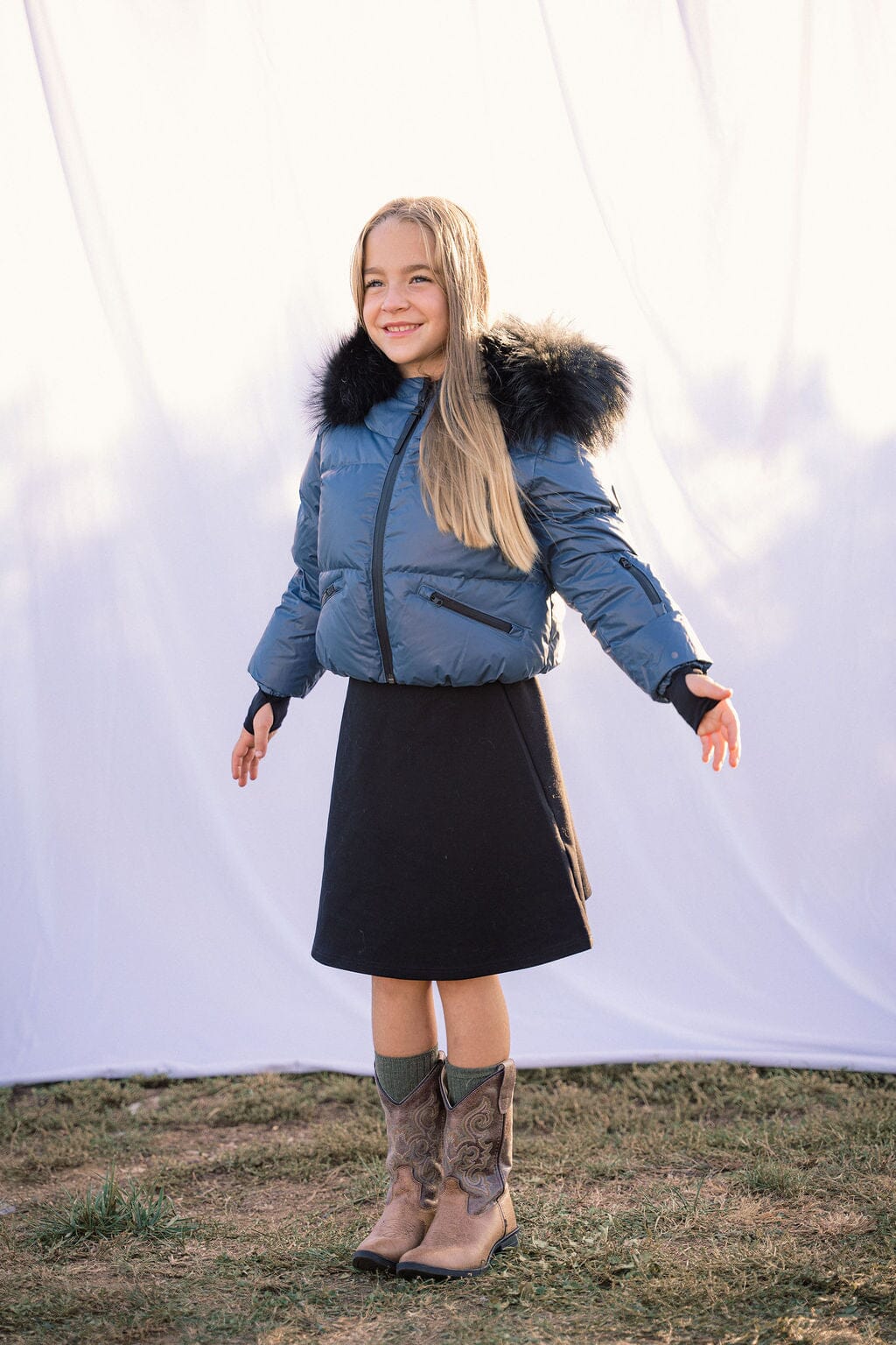 Ballad Puffer Coat Girls Down Coat - Off Blue with Fur Coat IBIS Outerwear