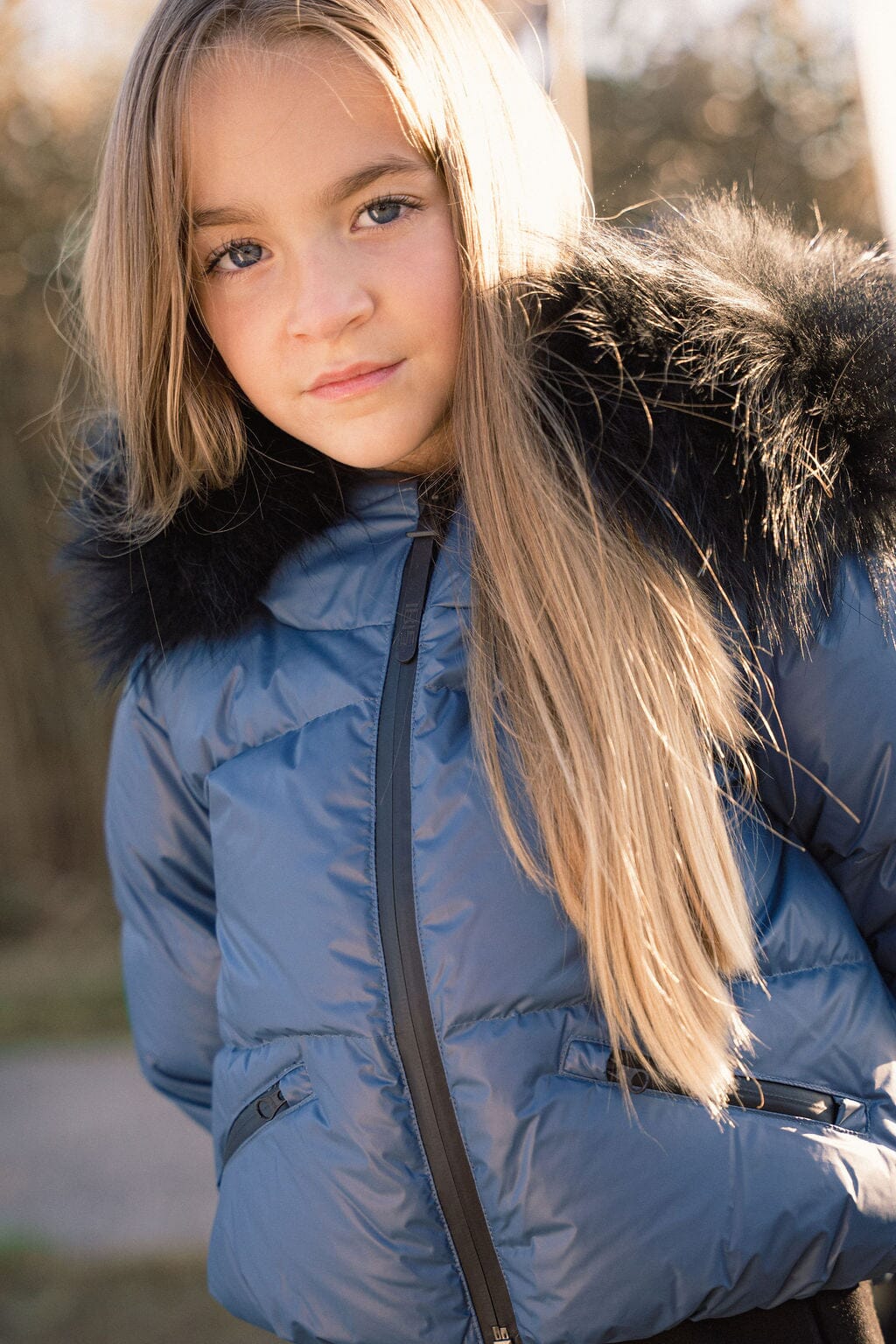 Ballad Puffer Coat Girls Down Coat - Off Blue with Fur Coat IBIS Outerwear