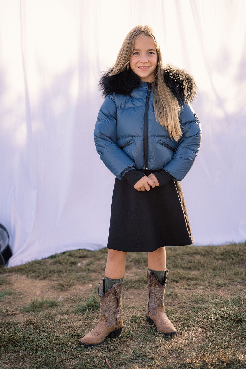 Ballad Puffer Coat Girls Down Coat - Off Blue with Fur Coat IBIS Outerwear