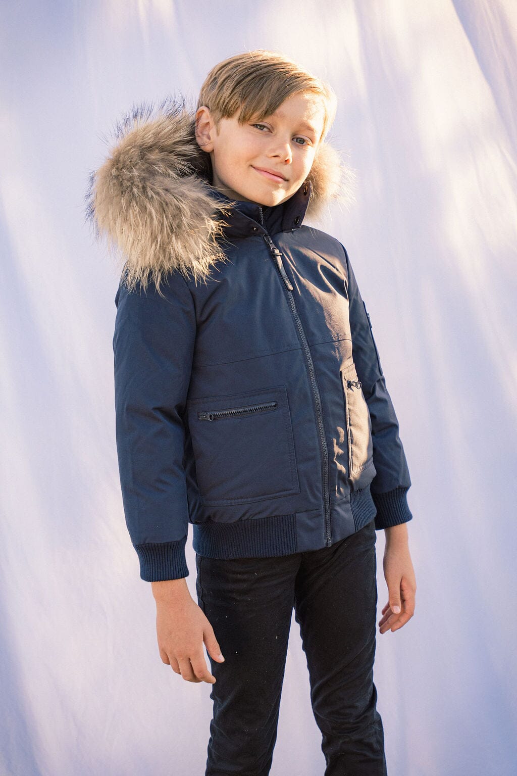 Prologue Square Pocket Boys Down Coat - Navy with Fur Coat IBIS Outerwear