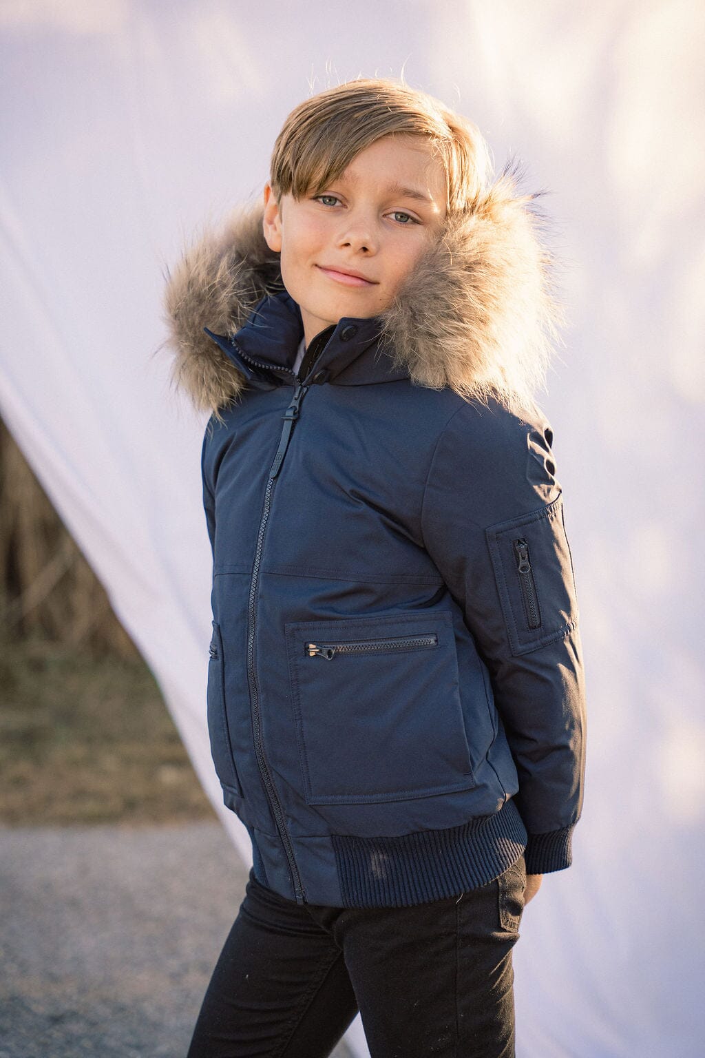 Prologue Square Pocket Boys Down Coat - Navy with Fur Coat IBIS Outerwear
