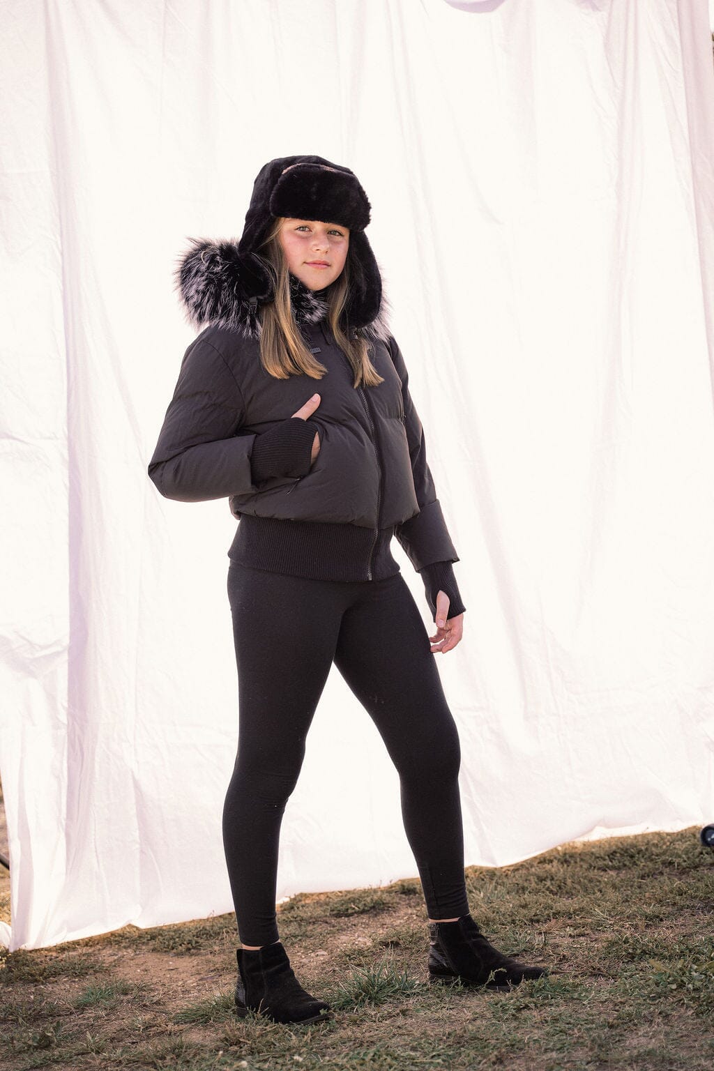 Story Blouson Teens Down Coat - Black with Black And White Tipped Fur Coat IBIS Outerwear