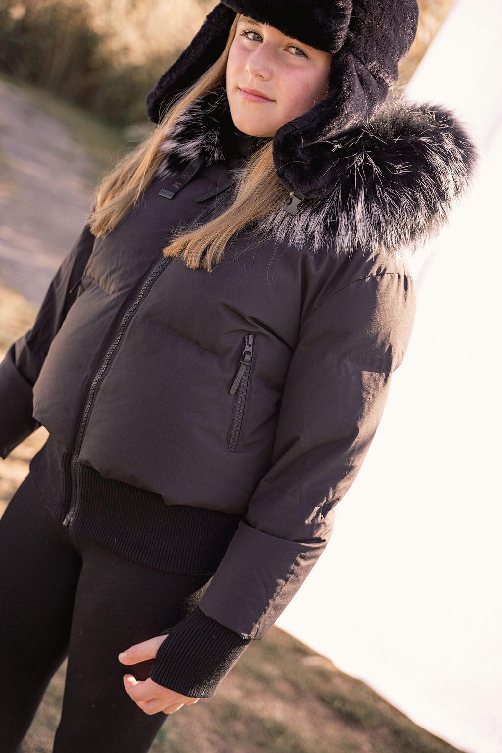 Story Blouson Teens Down Coat - Black with Black And White Tipped Fur Coat IBIS Outerwear
