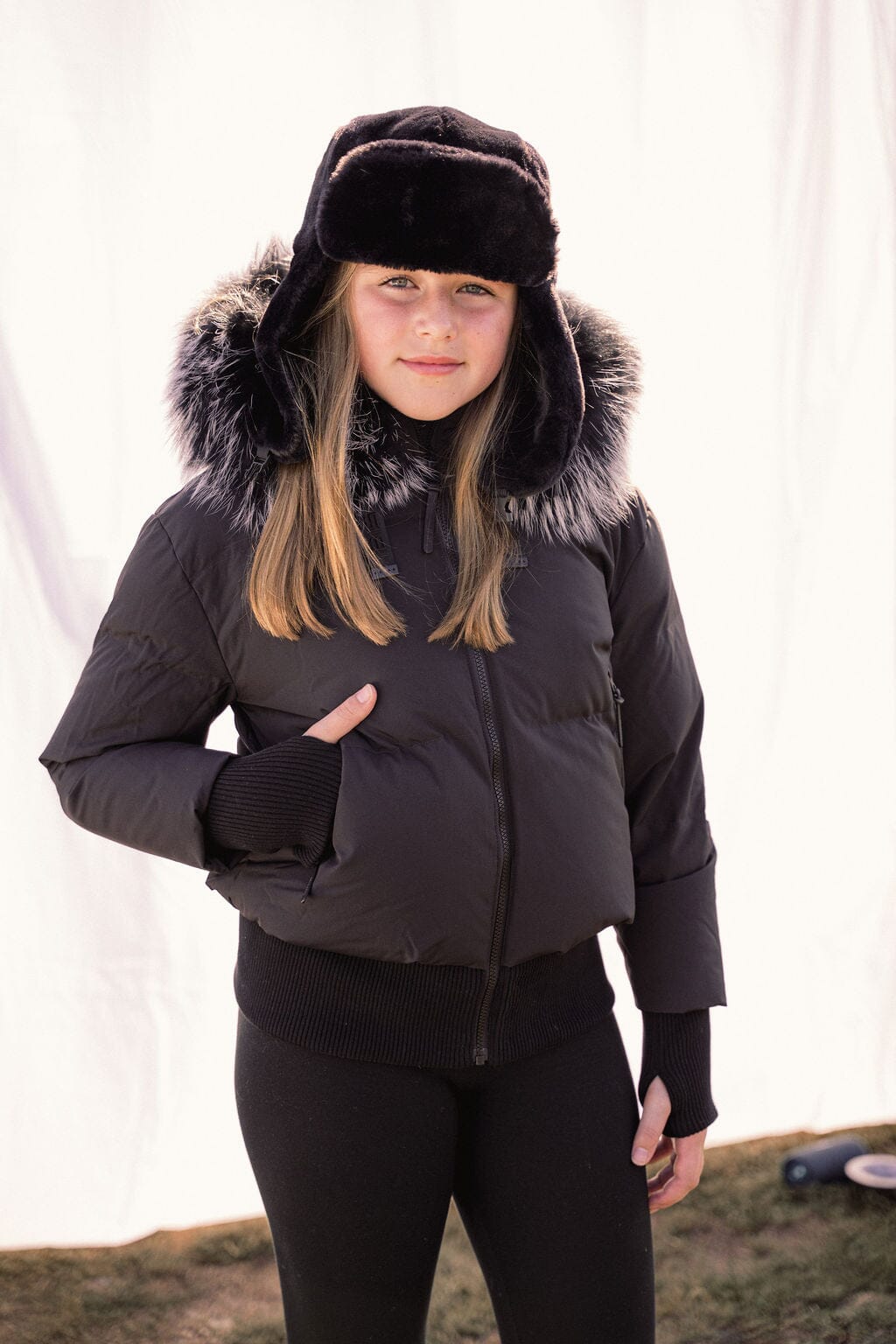 Story Blouson Teens Down Coat - Black with Black And White Tipped Fur Coat IBIS Outerwear
