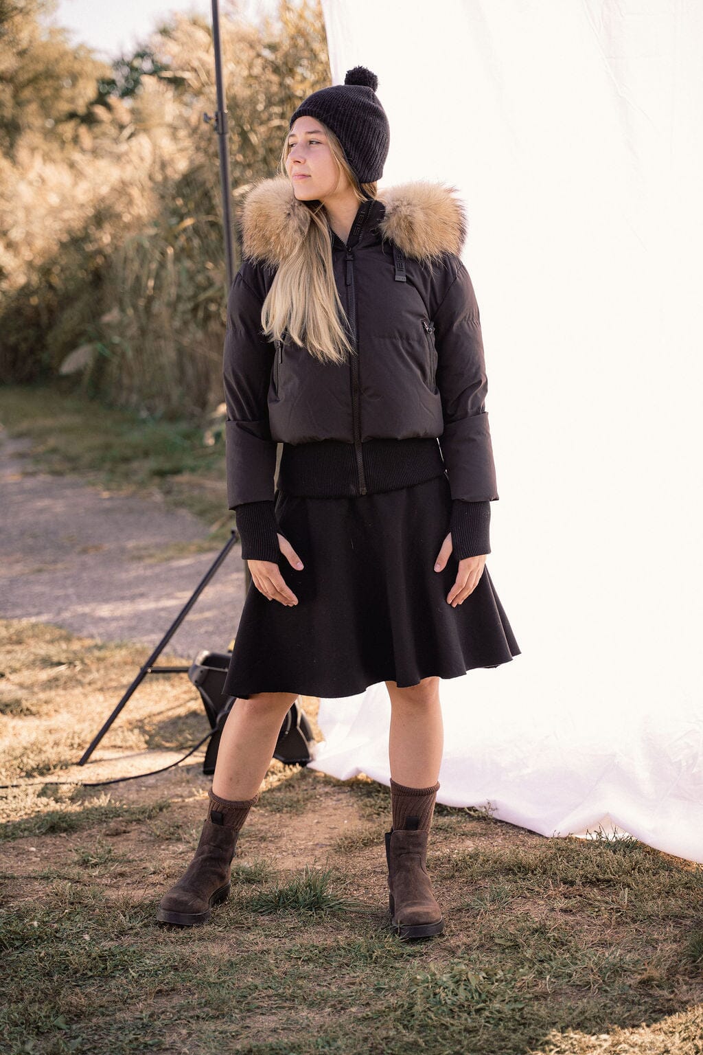 Story Blouson Teens Down Coat - Black with Natural Fur Coat IBIS Outerwear