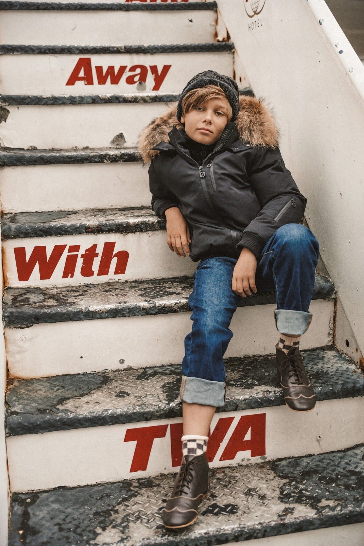 IBIS Forward Boys' Zipper Pocket Coat wide lifestyle view on airplane stairs