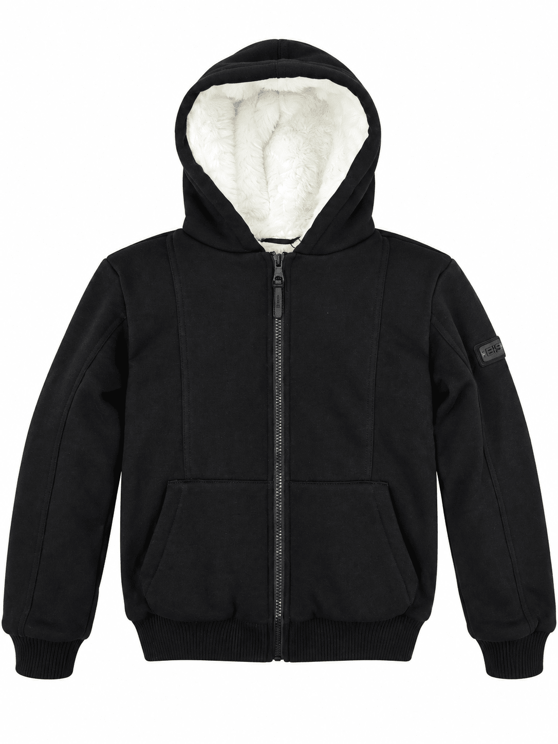 The Landing black Uni hoodie with cream faux fur lining