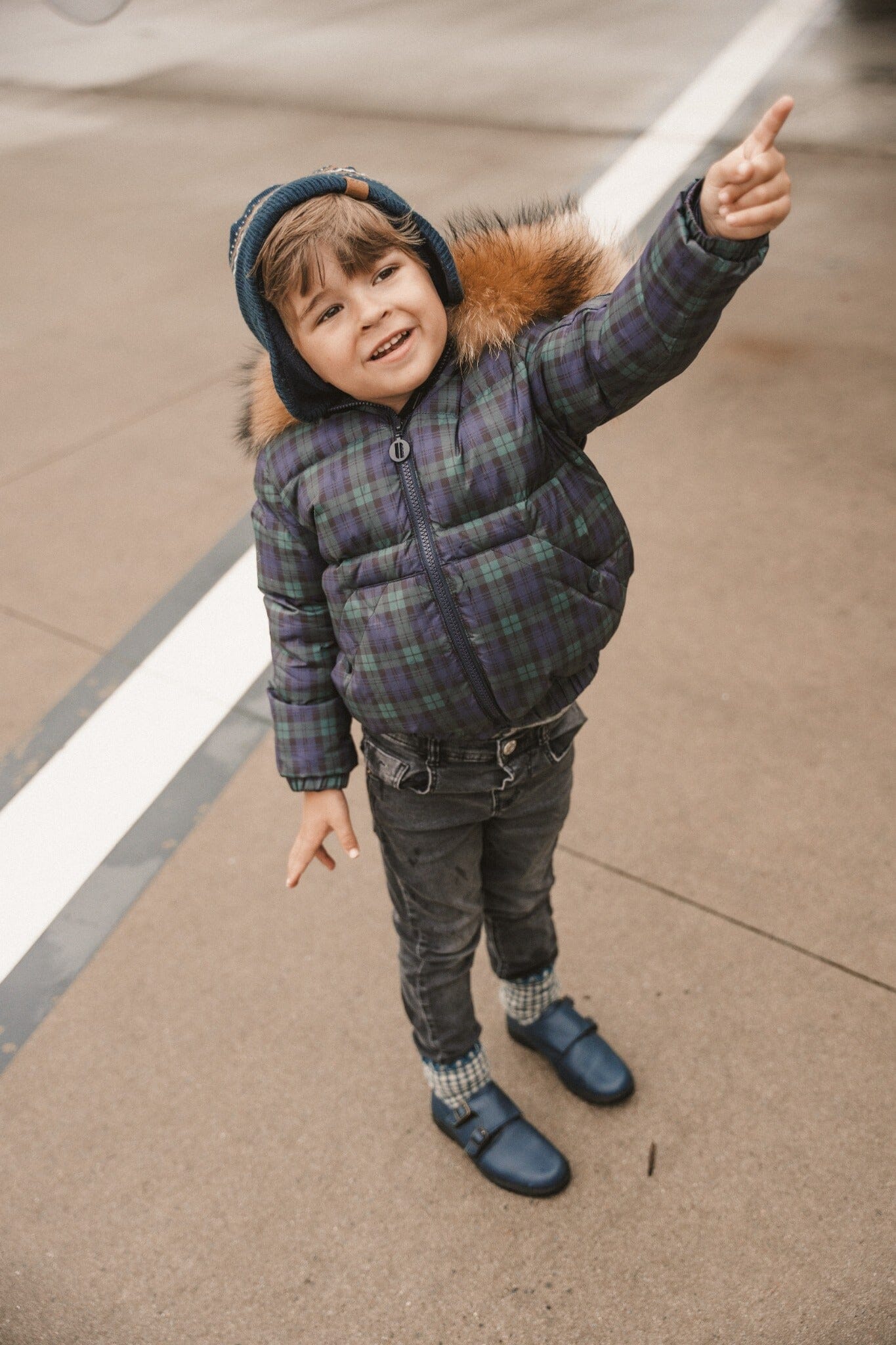 IBIS Overland boys kangaroo pocket coat in plaid - playful front view