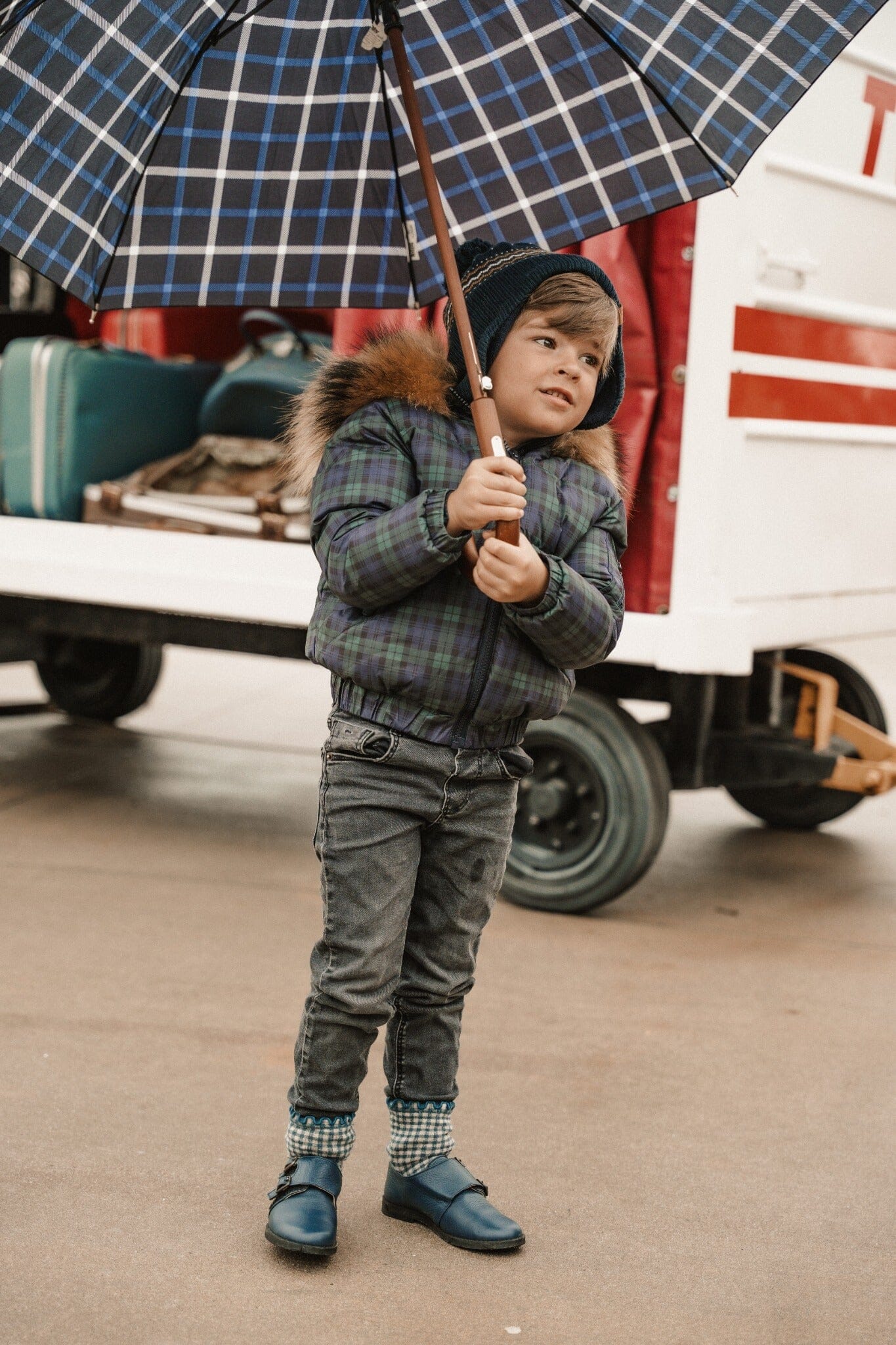 IBIS Overland boys kangaroo pocket coat in plaid - full front lifestyle view