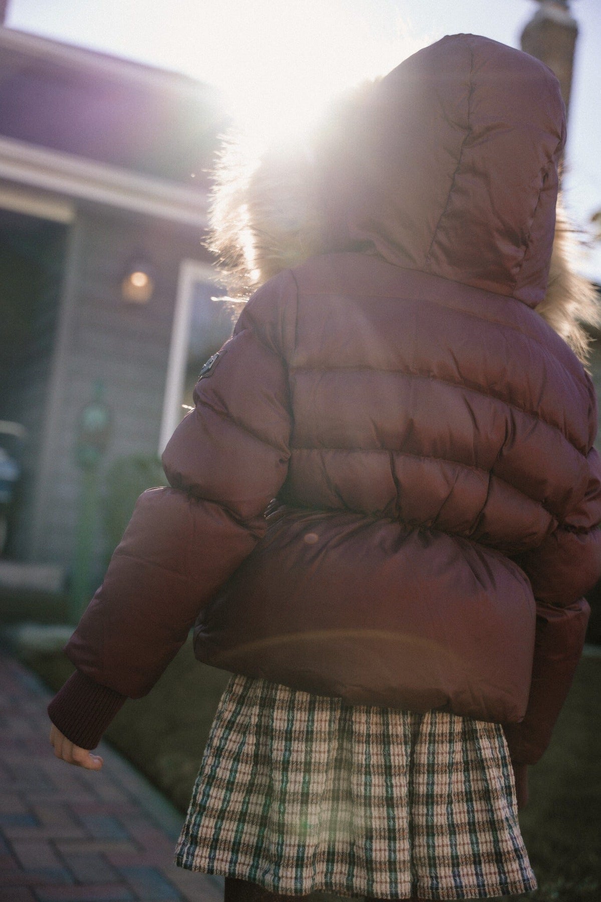 The Waypoint Girls Peplum Coat in Burgundy — lifestyle photo