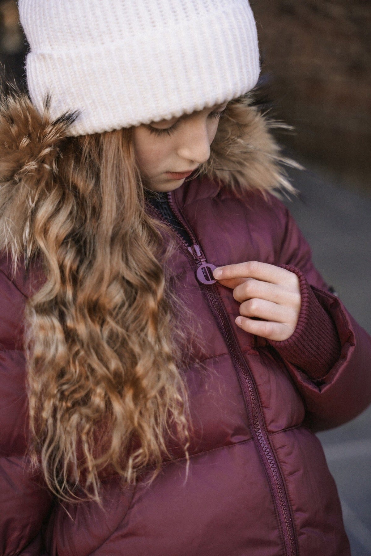 The Waypoint Girls Peplum Coat in Burgundy — lifestyle photo