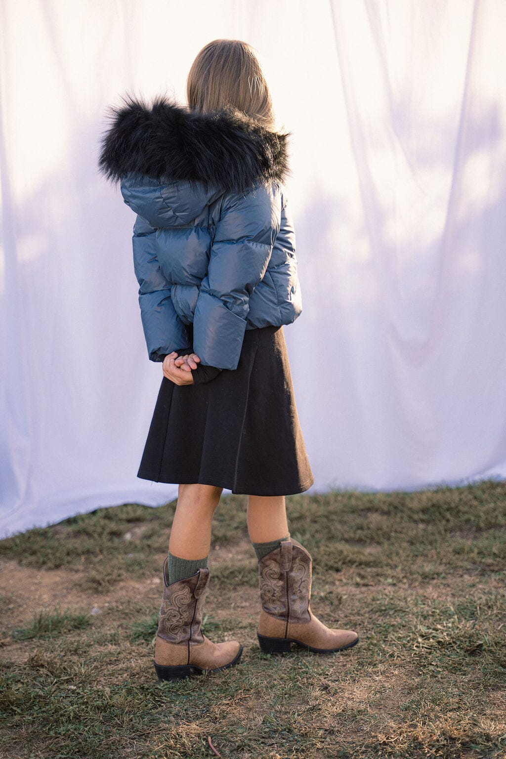 Ballad Puffer Coat Girls Down Coat - Off Blue with Fur Coat IBIS Outerwear 