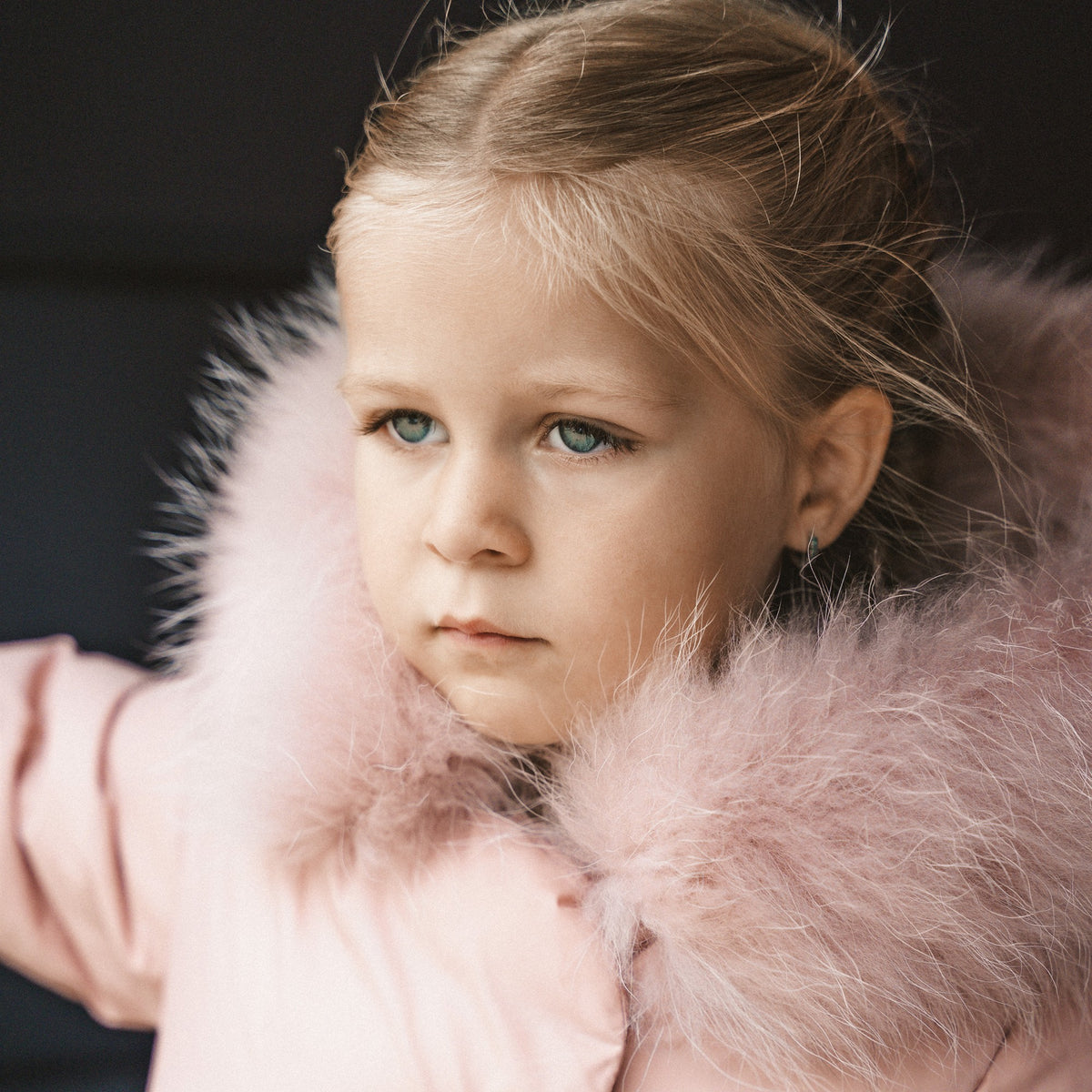 IBIS baby collection - little girl in pink down coat with pink fur hood