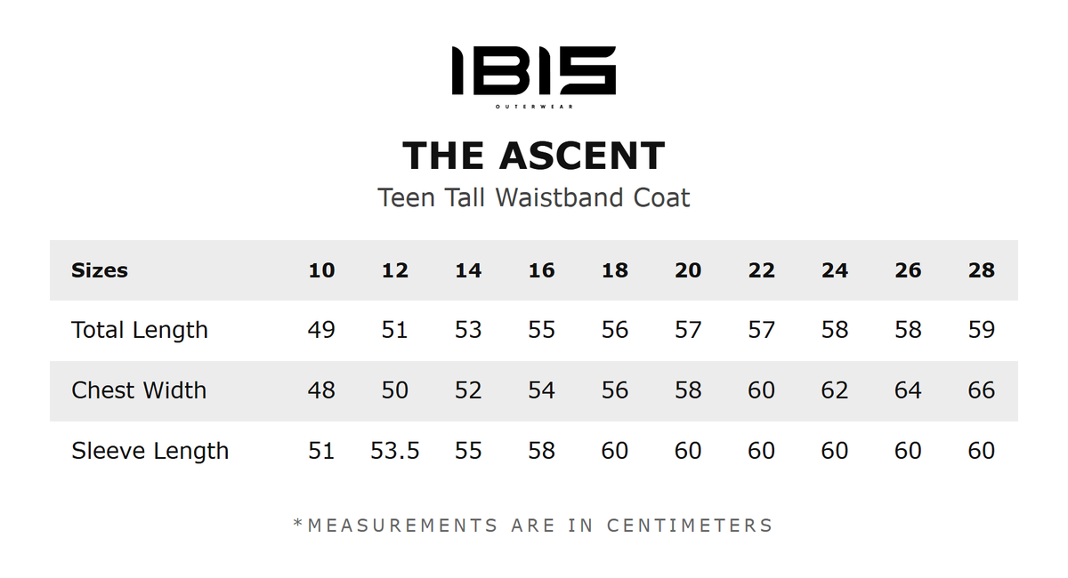 THE ASCENT size chart