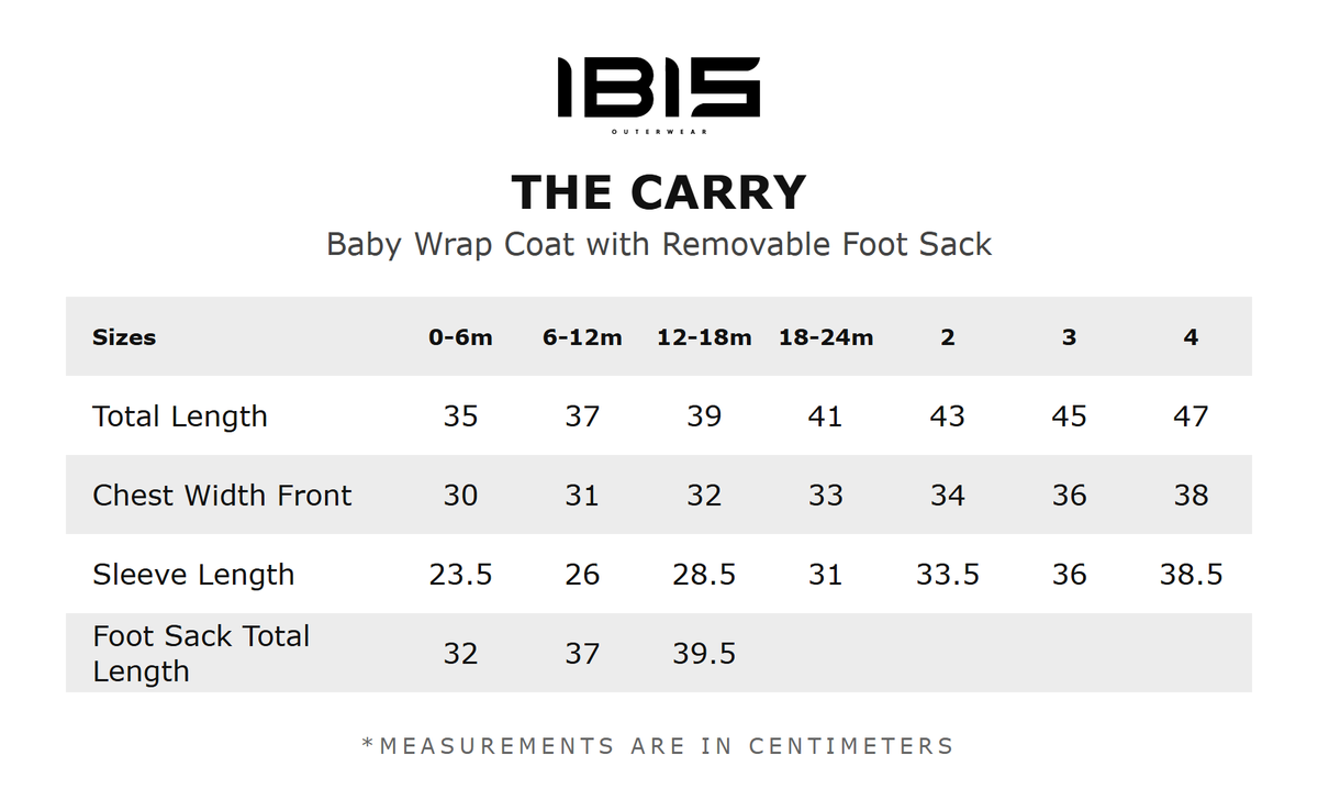 THE CARRY - WITH REMOVABLE FOOT SACK size chart