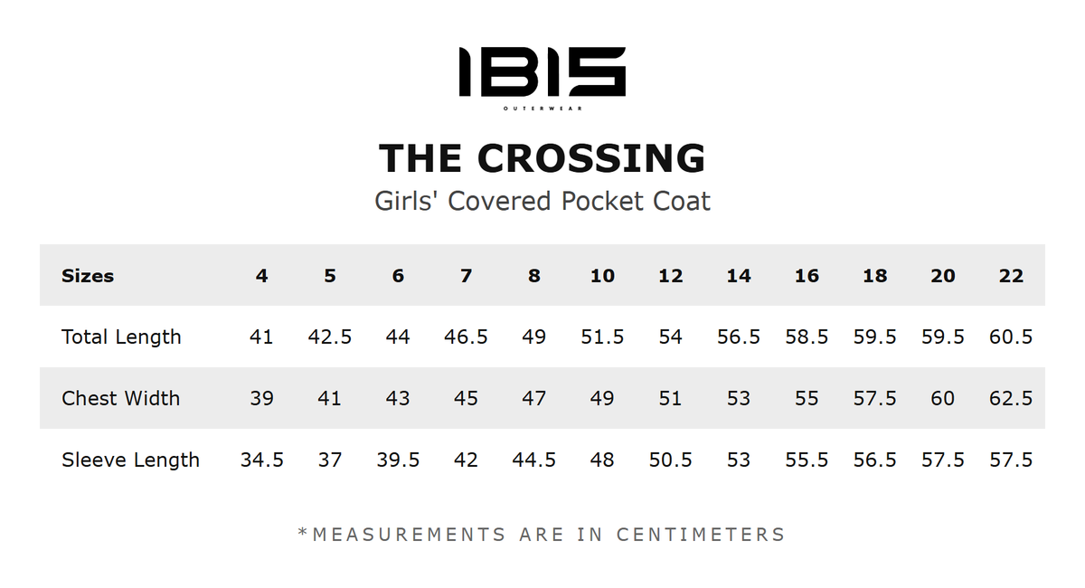 THE CROSSING size chart