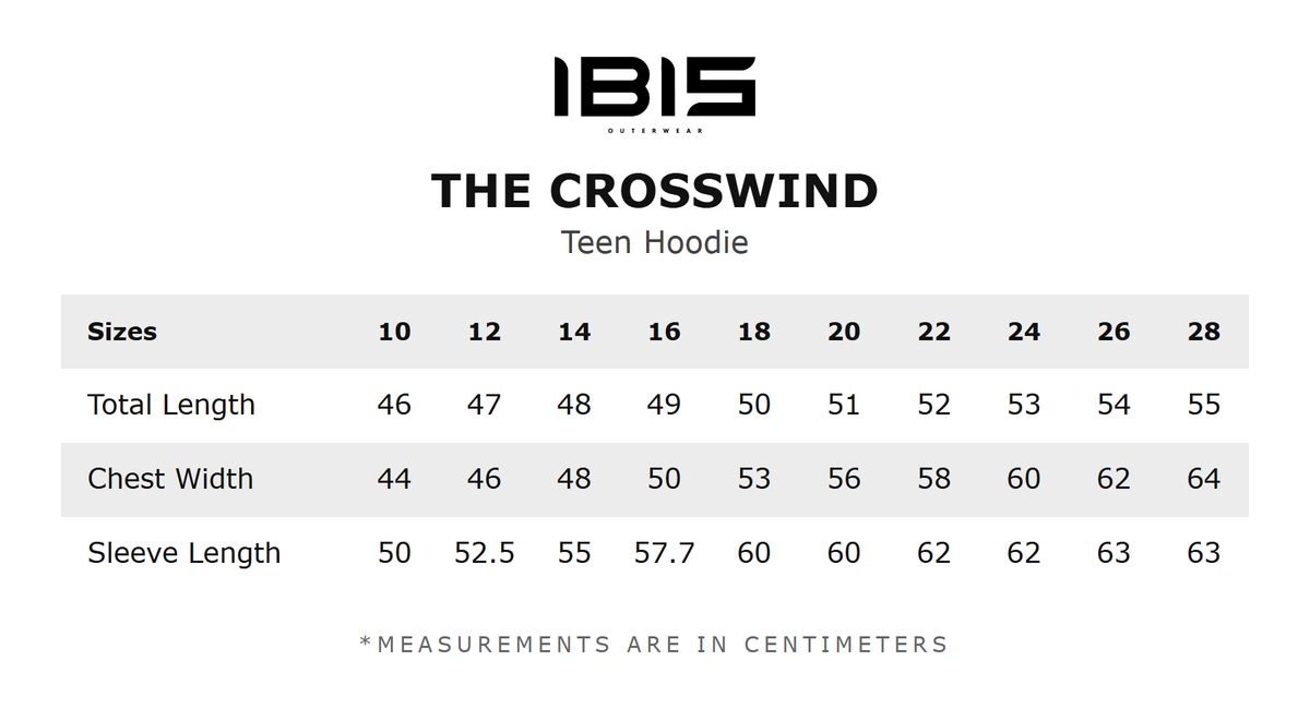 THE CROSSWIND size chart