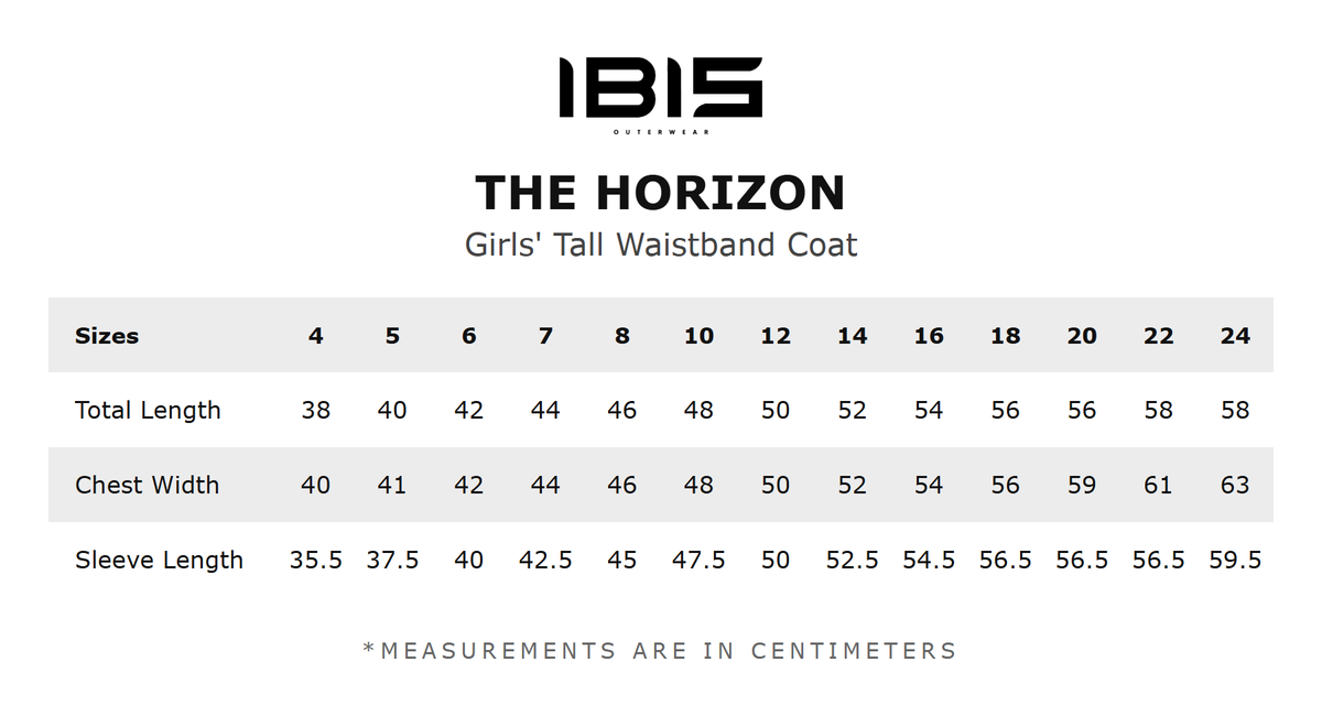 THE HORIZON size chart