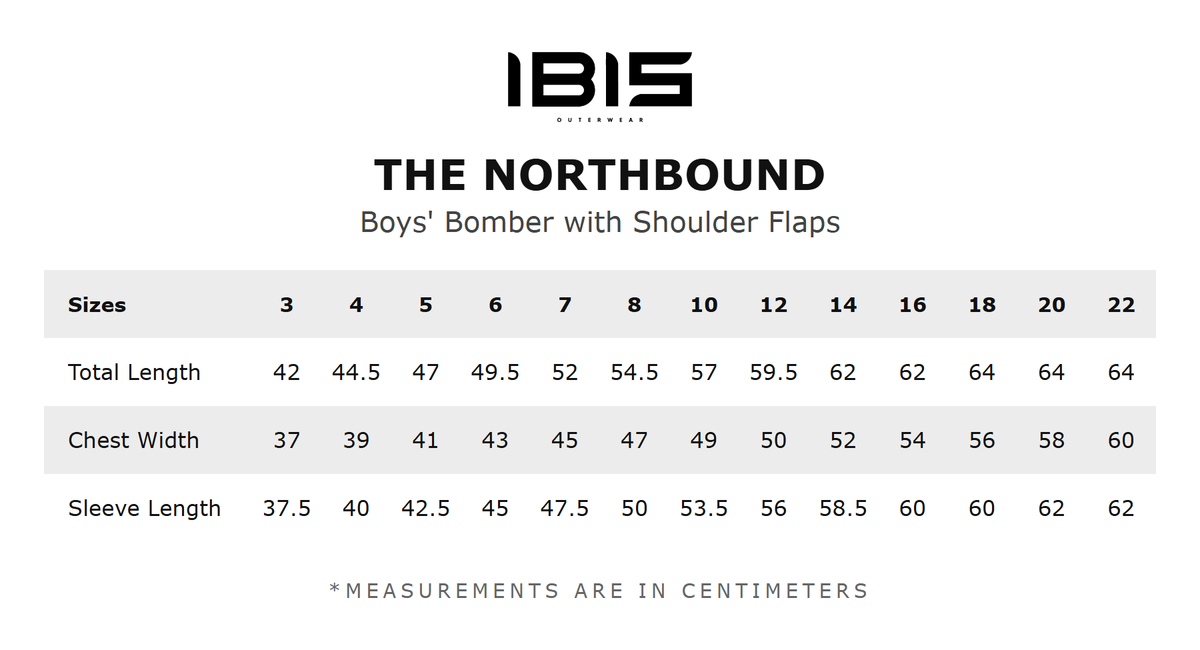 THE NORTHBOUND size chart