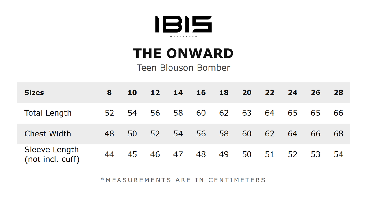 THE ONWARD size chart