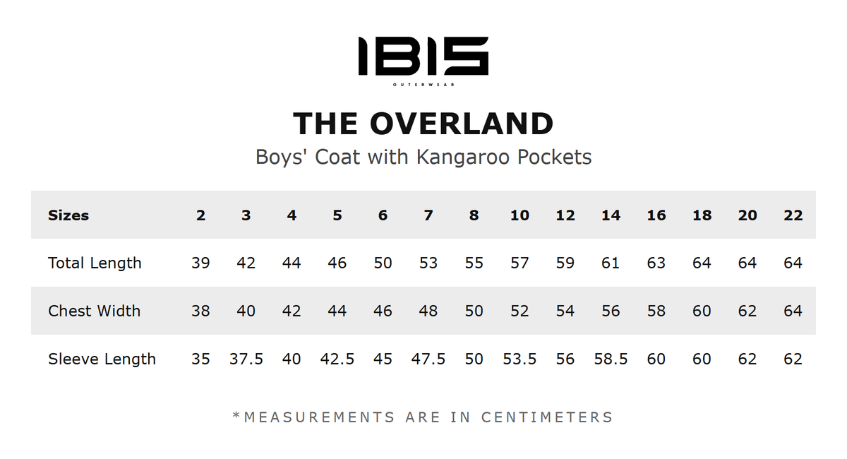 THE OVERLAND size chart
