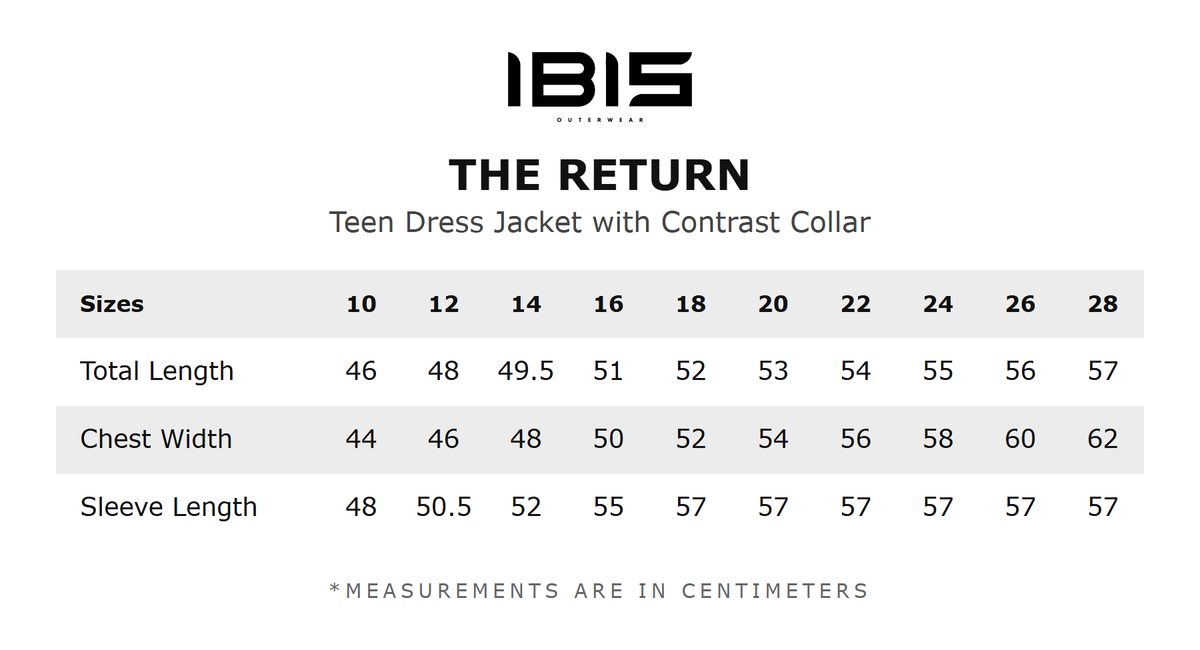 THE RETURN size chart
