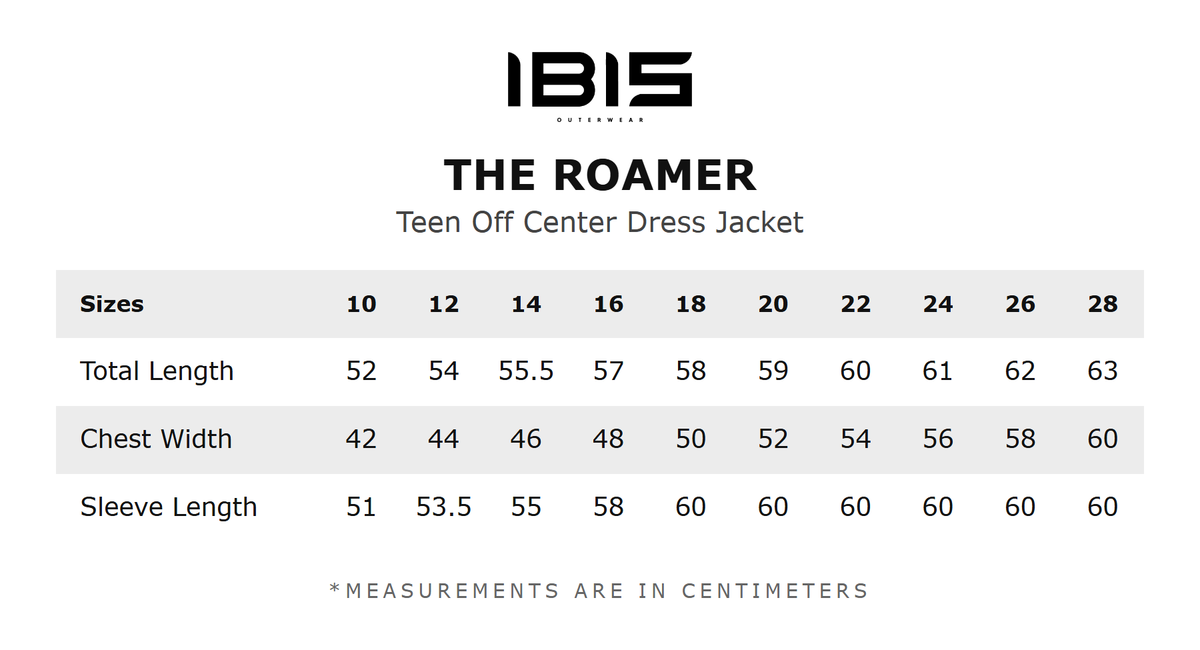 THE ROAMER size chart