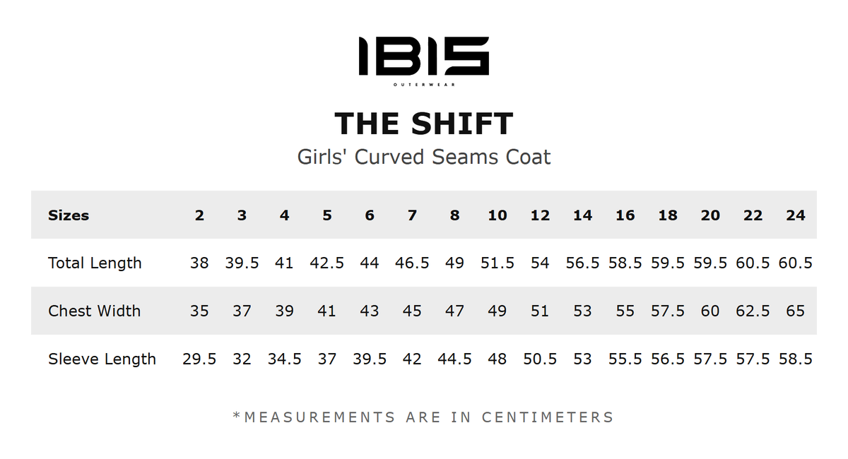 THE SHIFT size chart