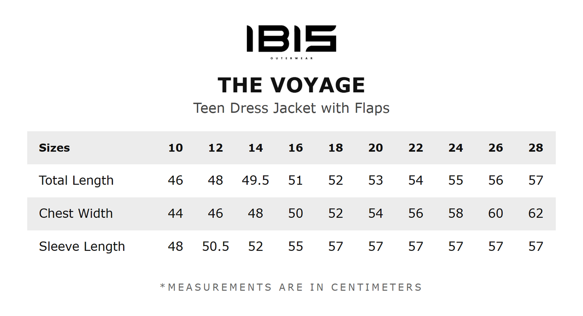 THE VOYAGE size chart