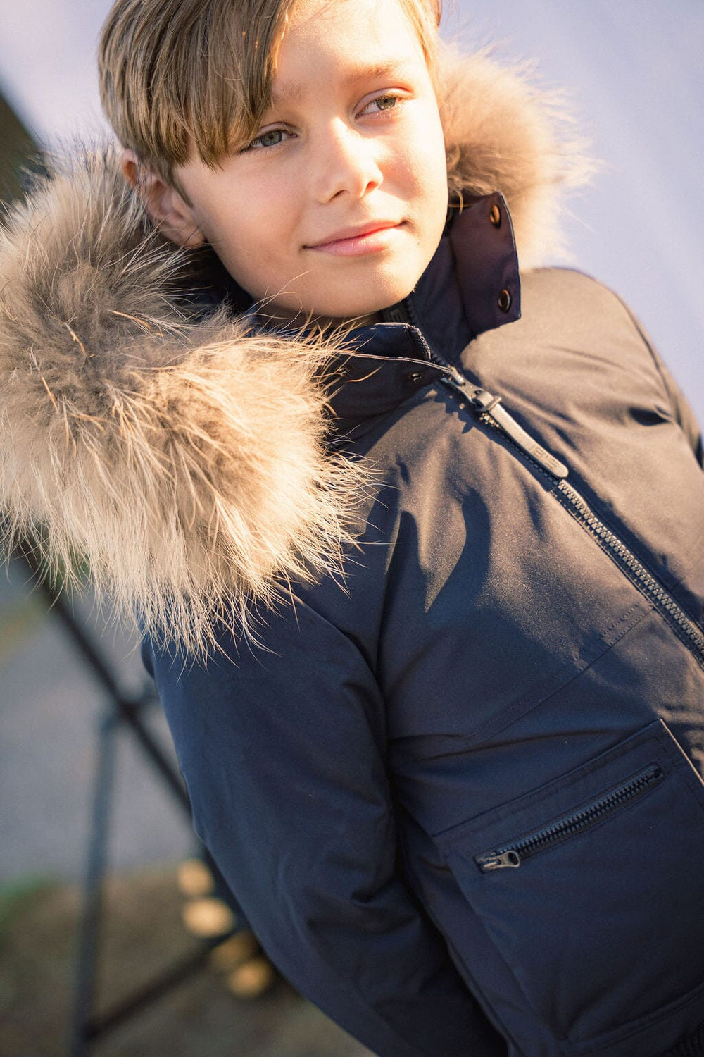 Prologue Square Pocket Boys Down Coat - Navy with Fur