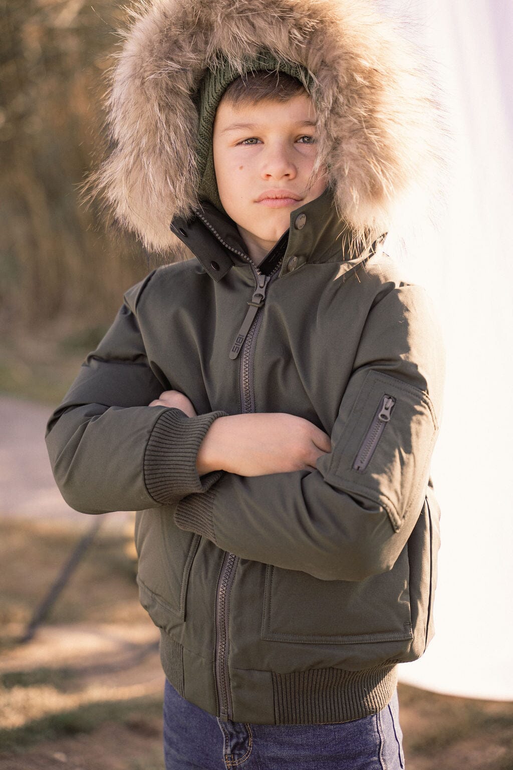 Prologue Square Pocket Boys Down Coat - Olive Green with Fur Coat IBIS Outerwear 