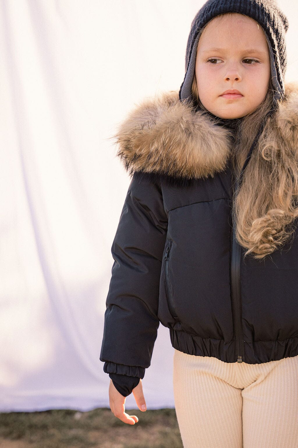 Sonnet Curved Seam Bomber Girls Down Coat - Black