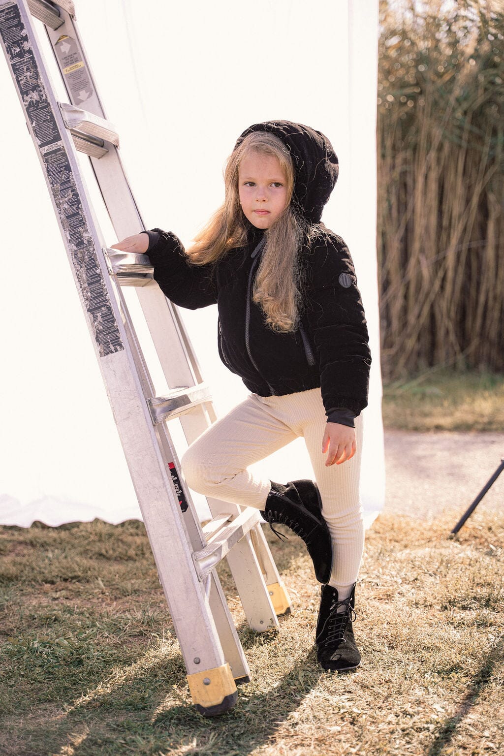 Sonnet Curved Seam Bomber Girls Down Coat - Black Velvet Coat IBIS Outerwear 