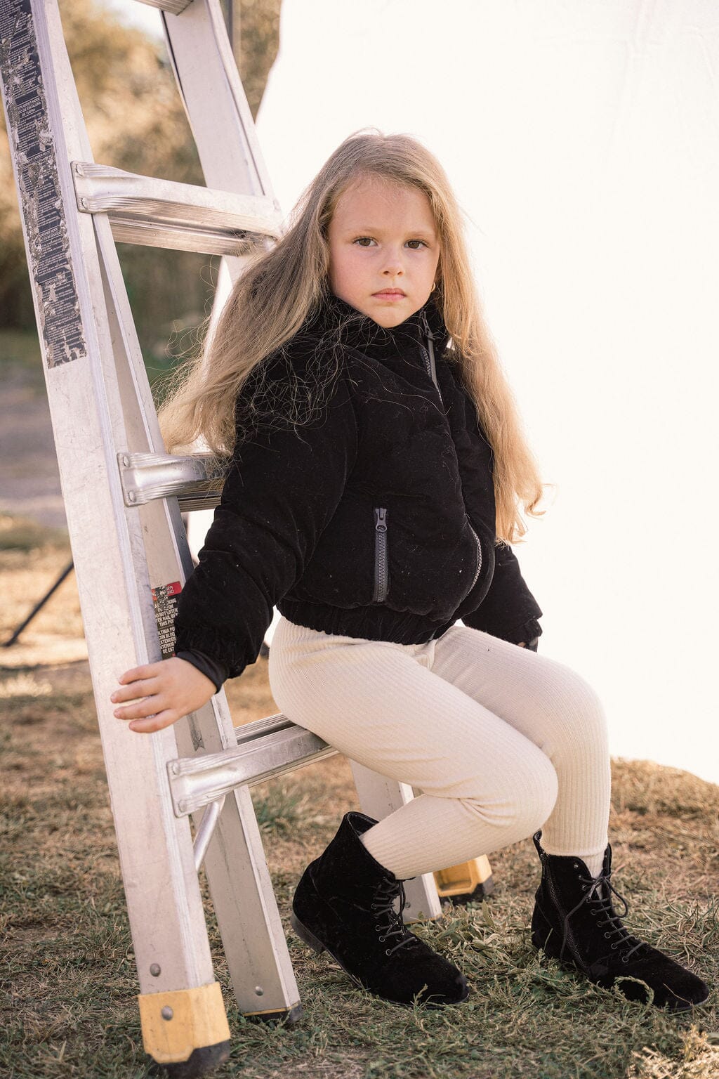 Sonnet Curved Seam Bomber Girls Down Coat - Black Velvet Coat IBIS Outerwear 