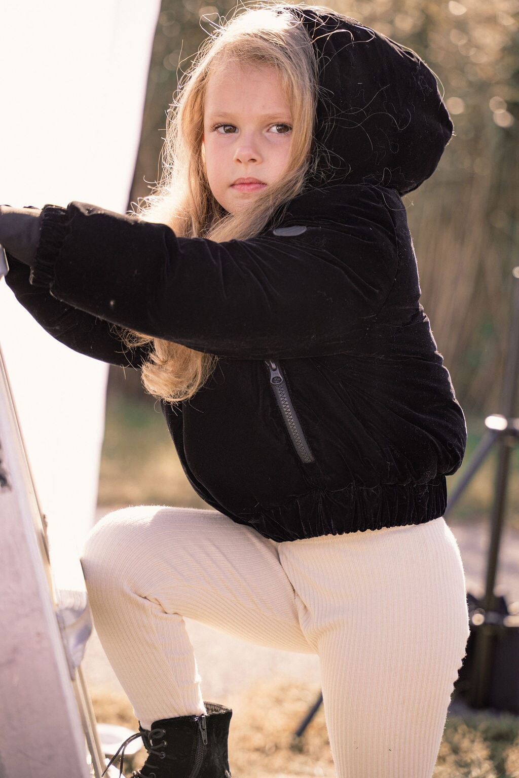 Sonnet Curved Seam Bomber Girls Down Coat - Black Velvet Coat IBIS Outerwear 