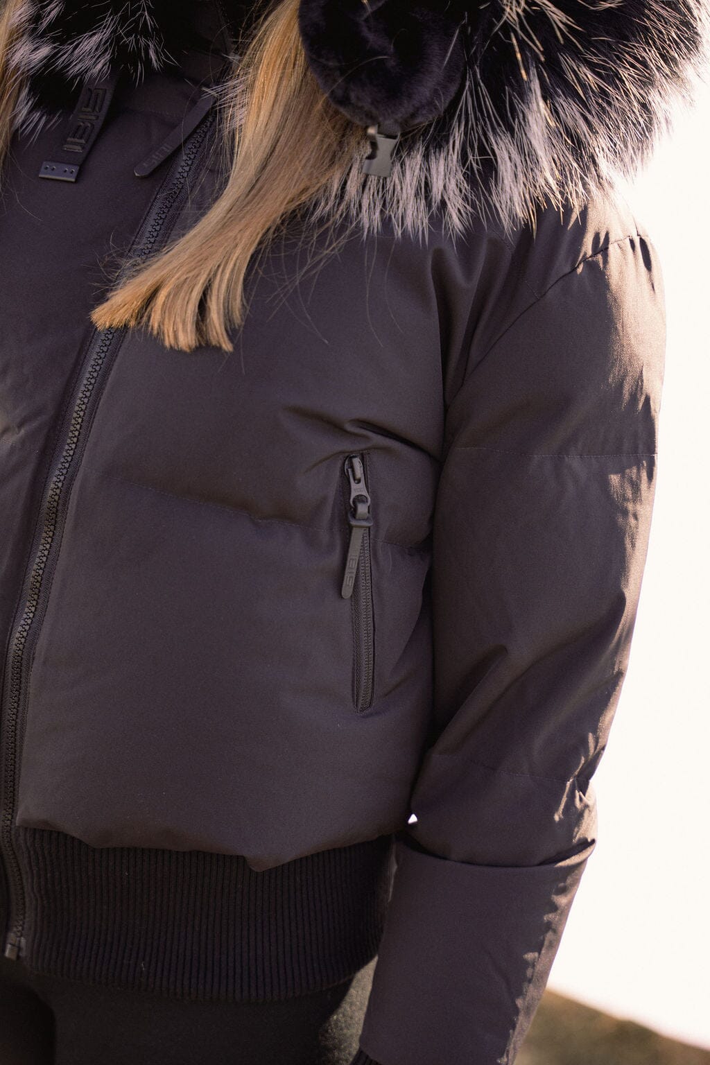 Story Blouson Teens Down Coat - Black with Black And White Tipped Fur Coat IBIS Outerwear 