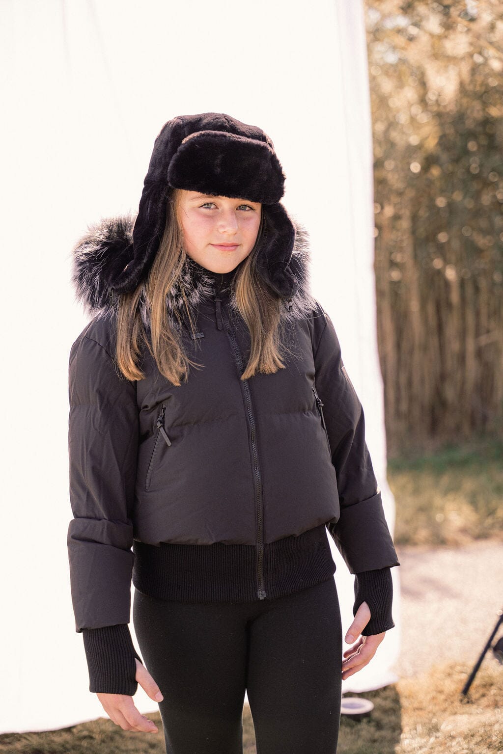 Story Blouson Teens Down Coat - Black with Black And White Tipped Fur Coat IBIS Outerwear 