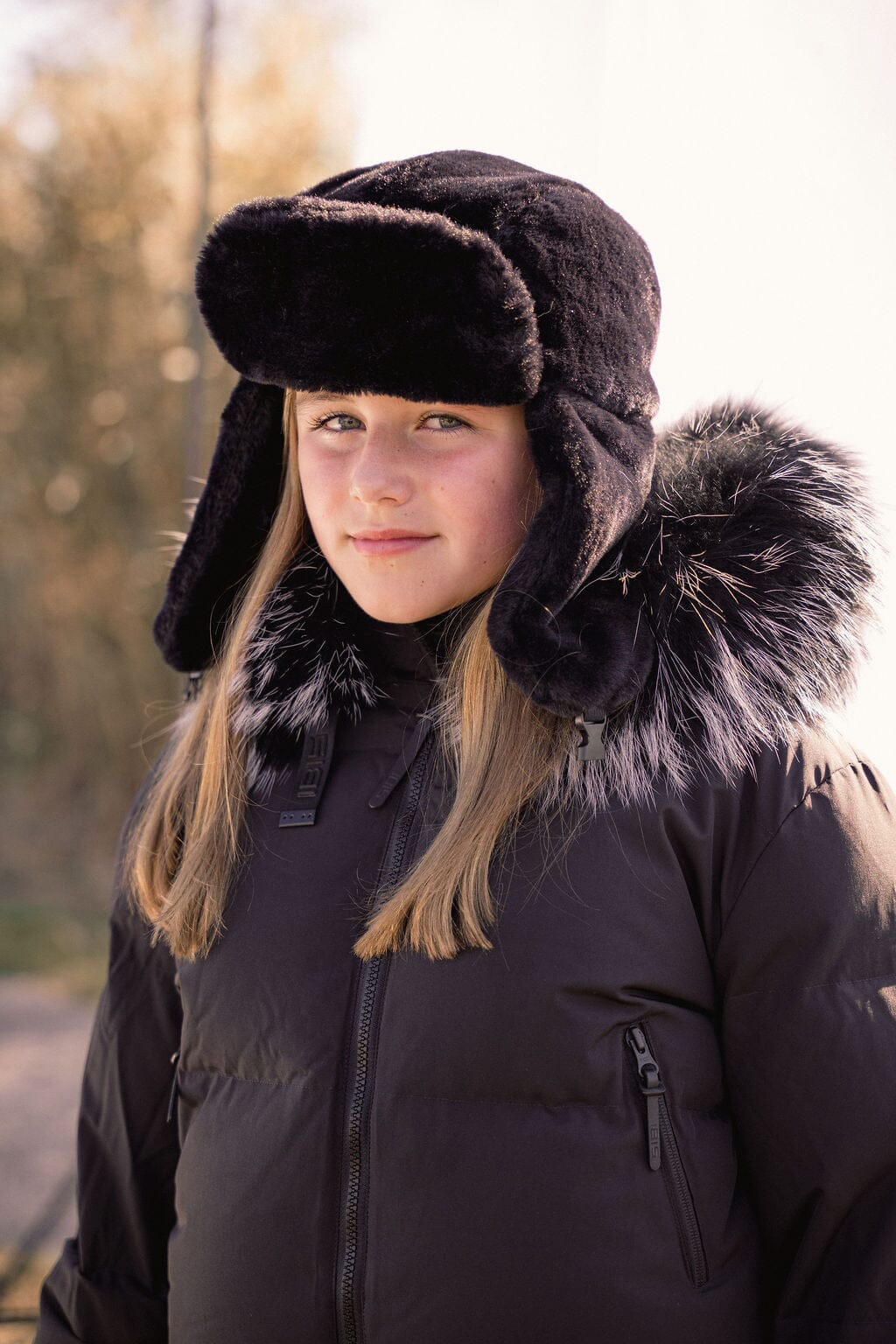 Story Blouson Teens Down Coat - Black with Black And White Tipped Fur Coat IBIS Outerwear 