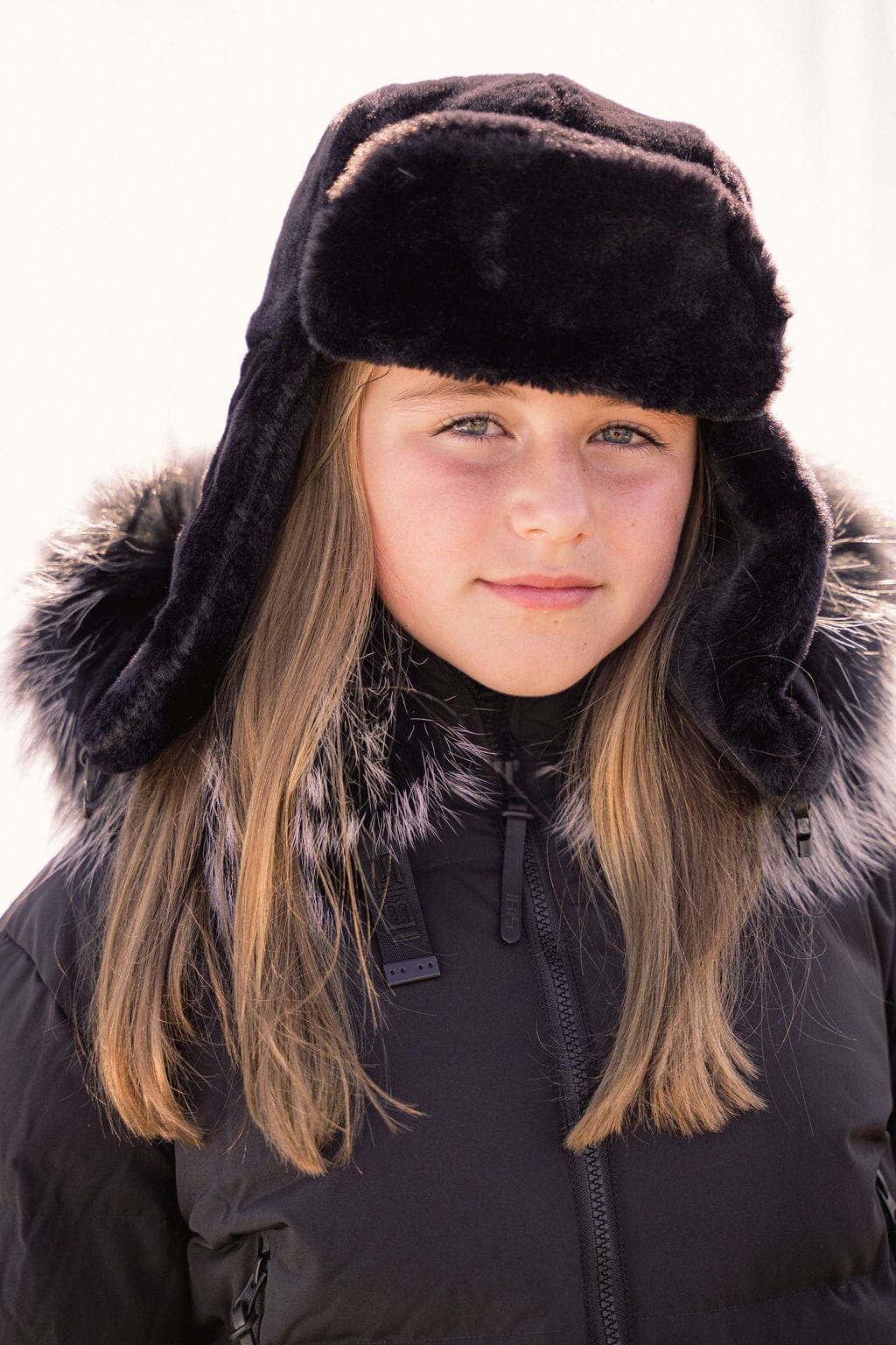 Story Blouson Teens Down Coat - Black with Black And White Tipped Fur Coat IBIS Outerwear 