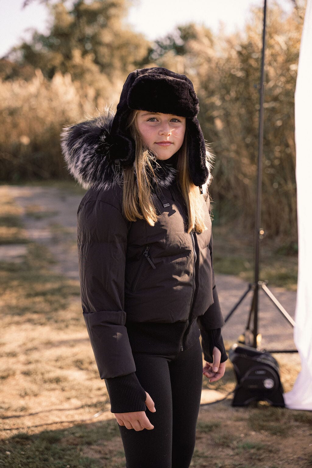 Story Blouson Teens Down Coat - Black with Black And White Tipped Fur Coat IBIS Outerwear 