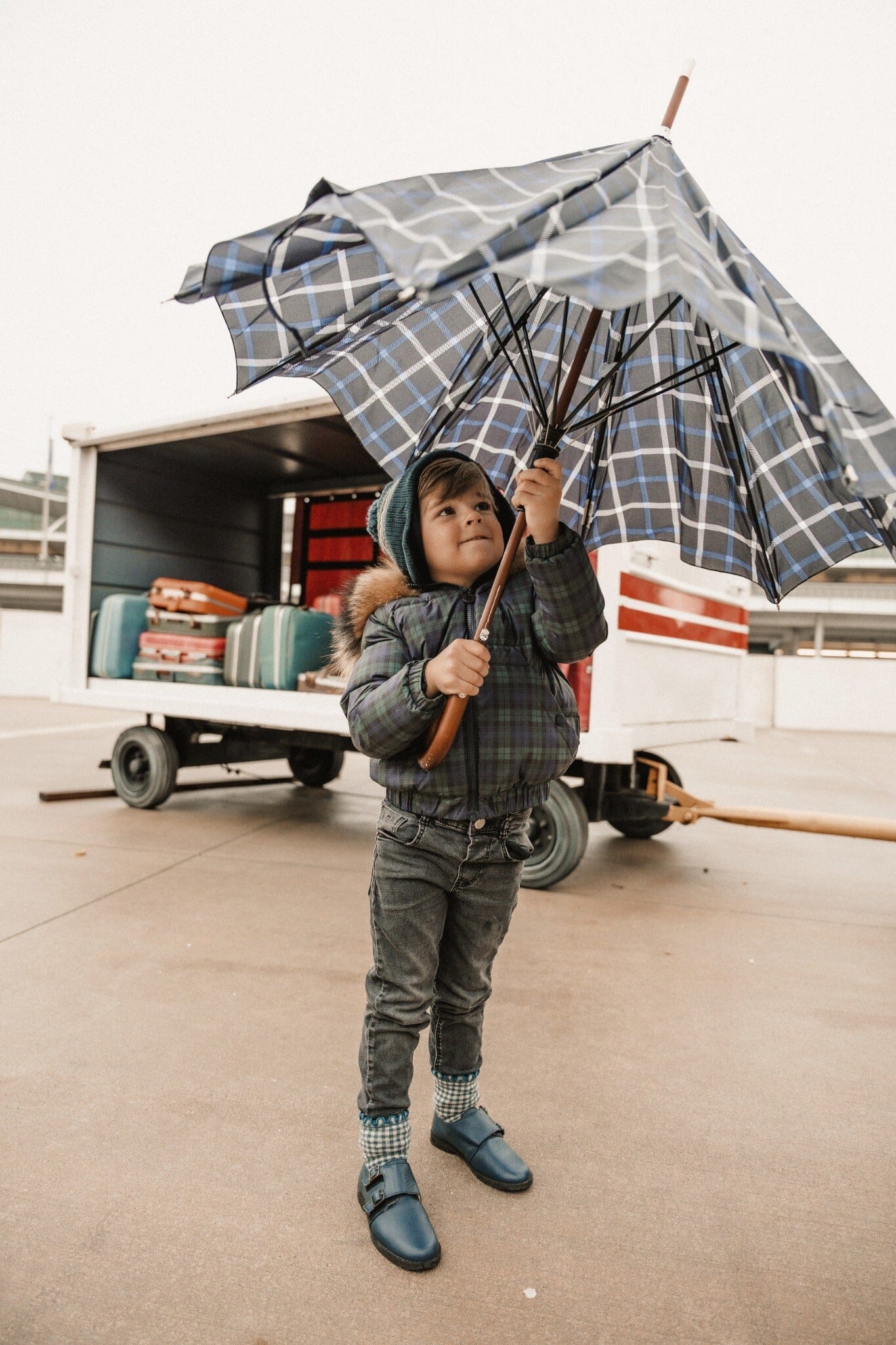 IBIS Overland boys kangaroo pocket coat in plaid - umbrella action view