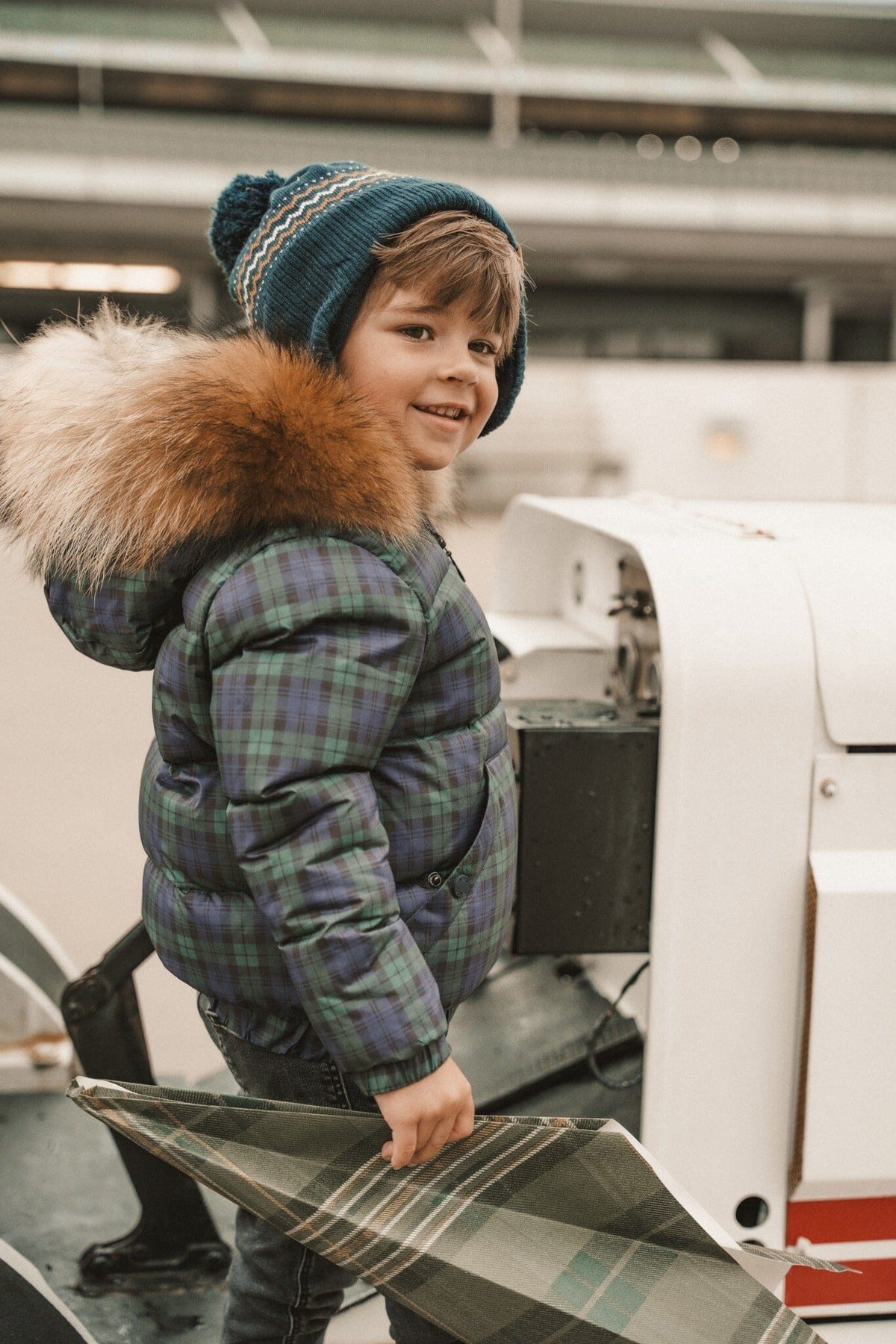IBIS Overland boys kangaroo pocket coat in plaid - close side view