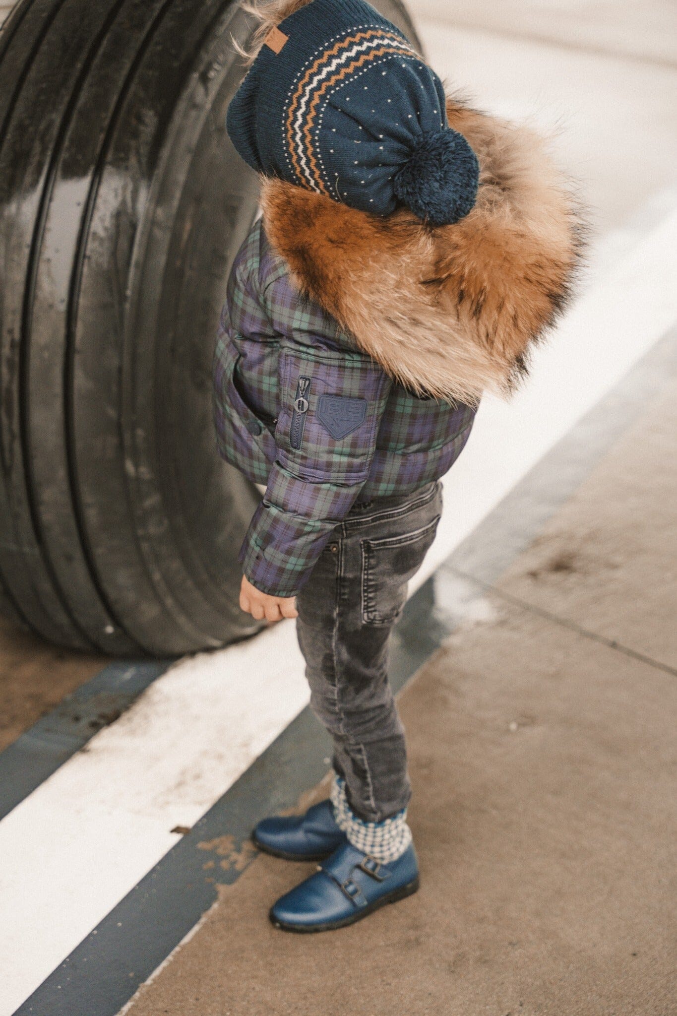 IBIS Overland boys kangaroo pocket coat in plaid - sleeve badge view