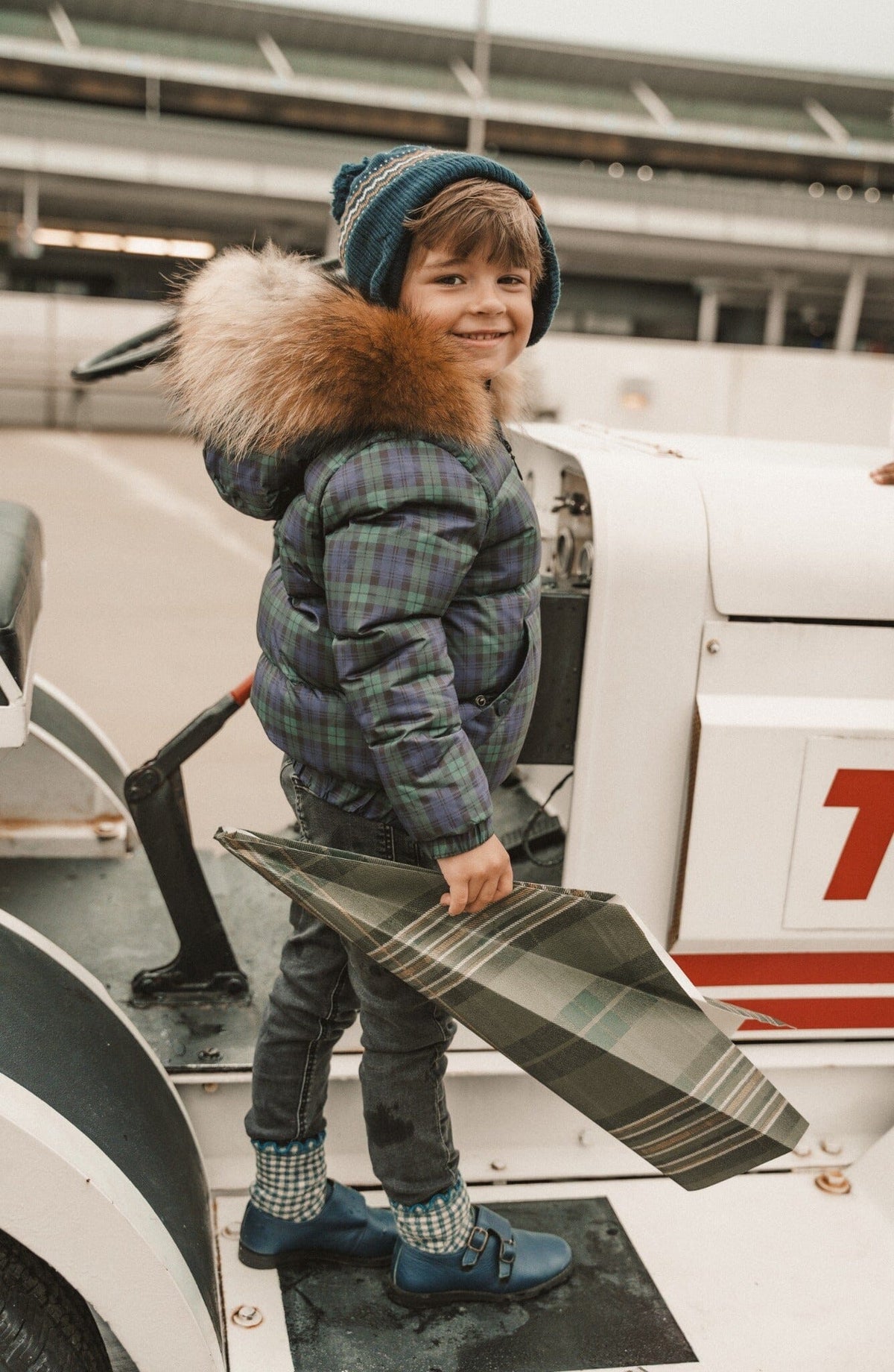 IBIS Overland boys kangaroo pocket coat in plaid - side lifestyle view
