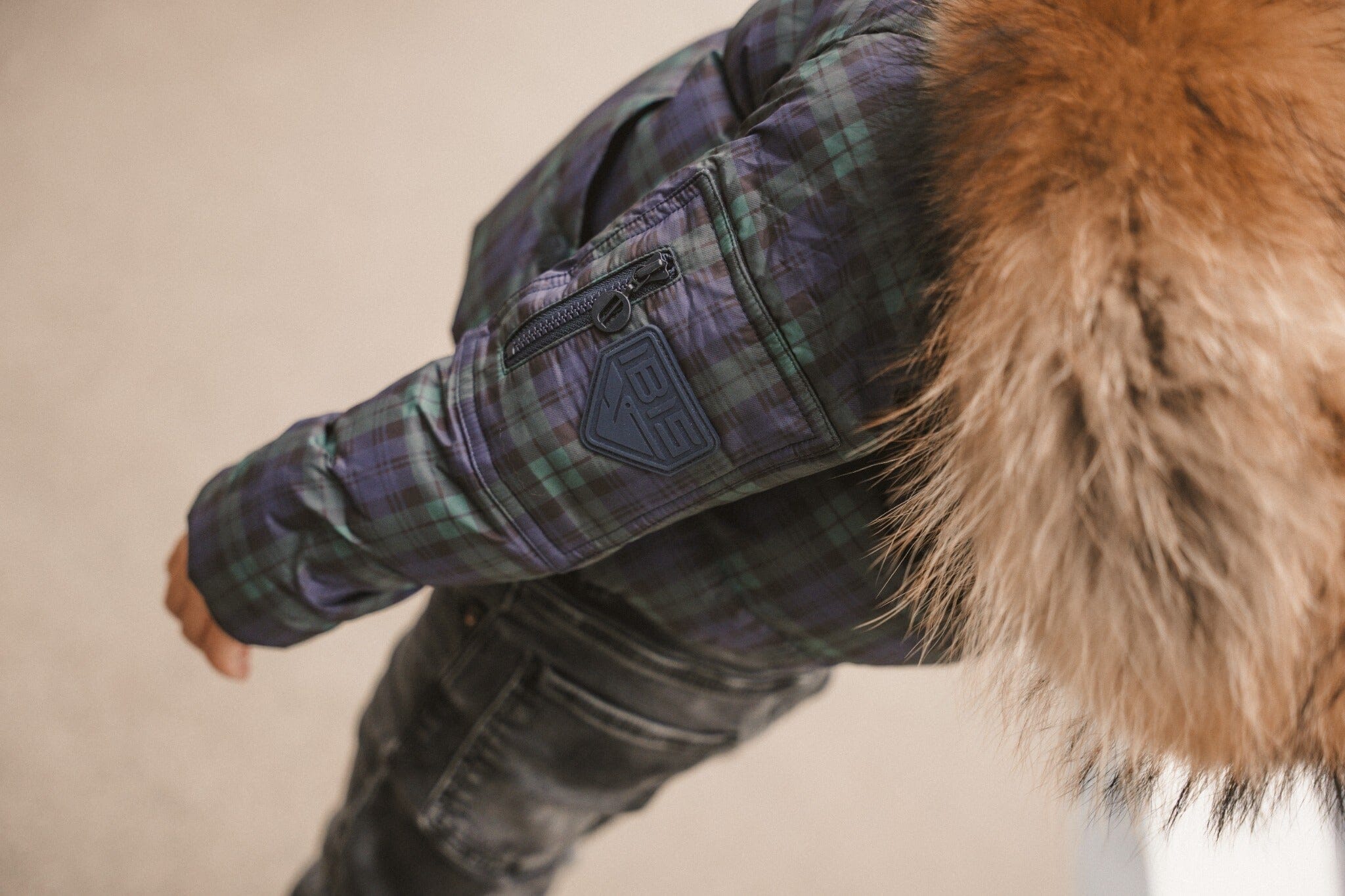 IBIS Overland boys kangaroo pocket coat in plaid - IBIS sleeve branding detail