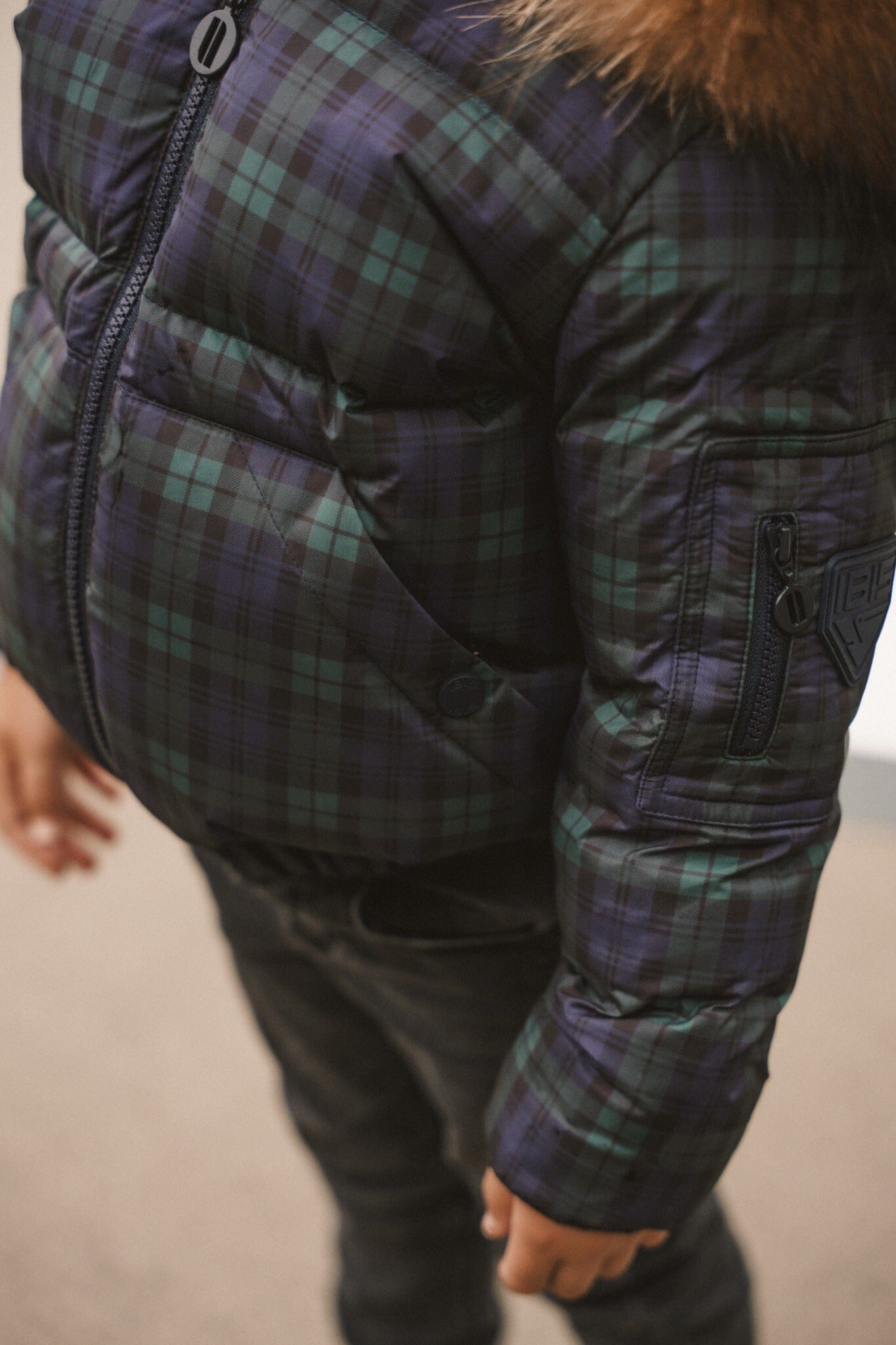 IBIS Overland boys kangaroo pocket coat in plaid - kangaroo pocket and sleeve detail