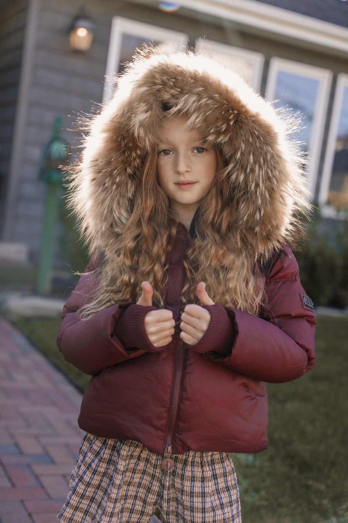 The Waypoint Girls Peplum Coat in Burgundy — lifestyle photo